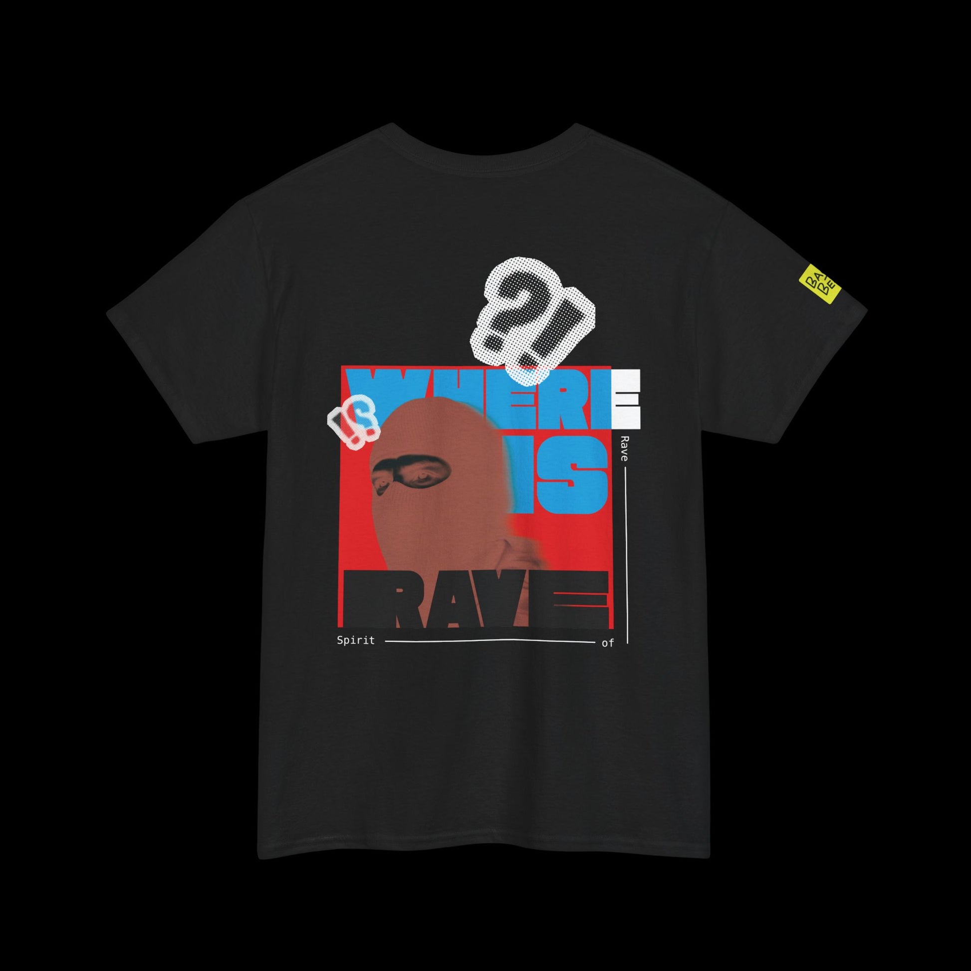 Black "Spirit of Rave" graphic t‑shirt with a large collage back print and minimal front text, for rave and streetwear style.