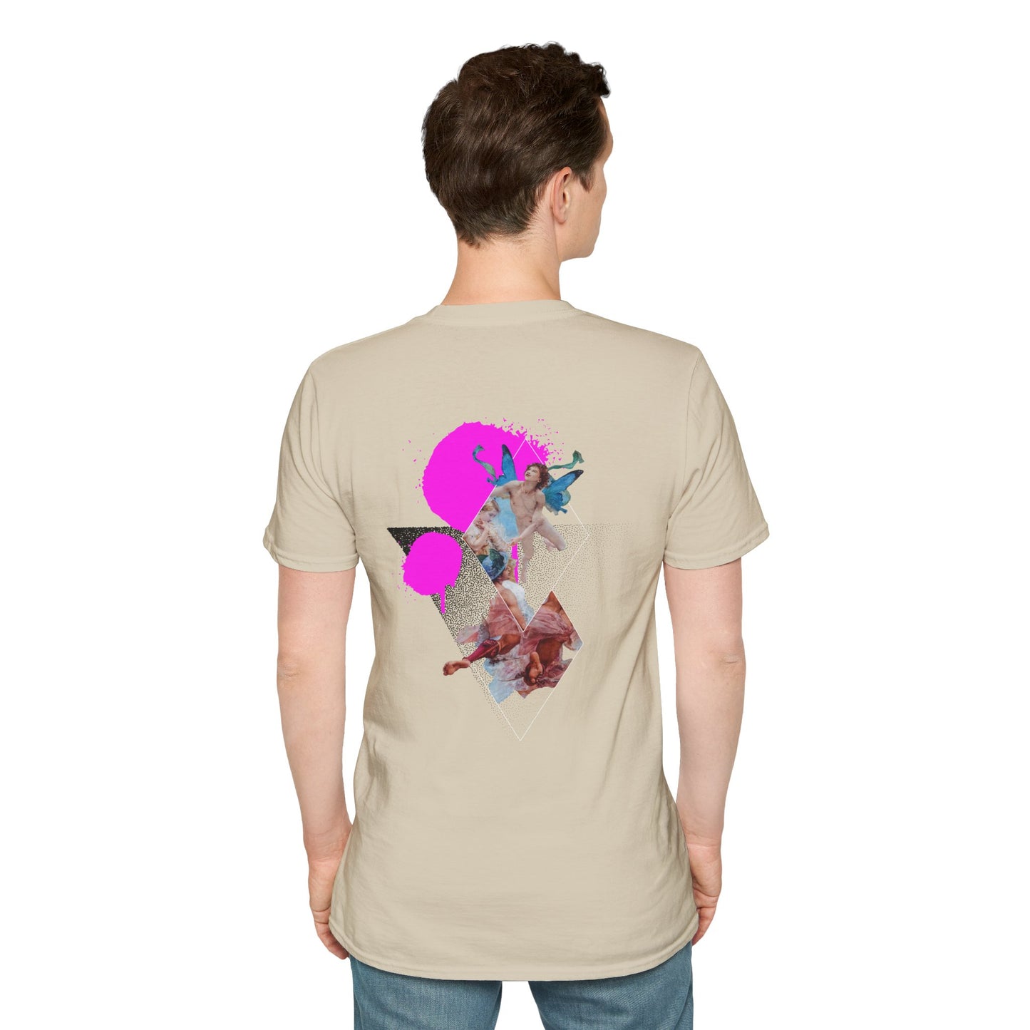 Ecru T-shirt with a surreal collage of butterflies in spray paint design
