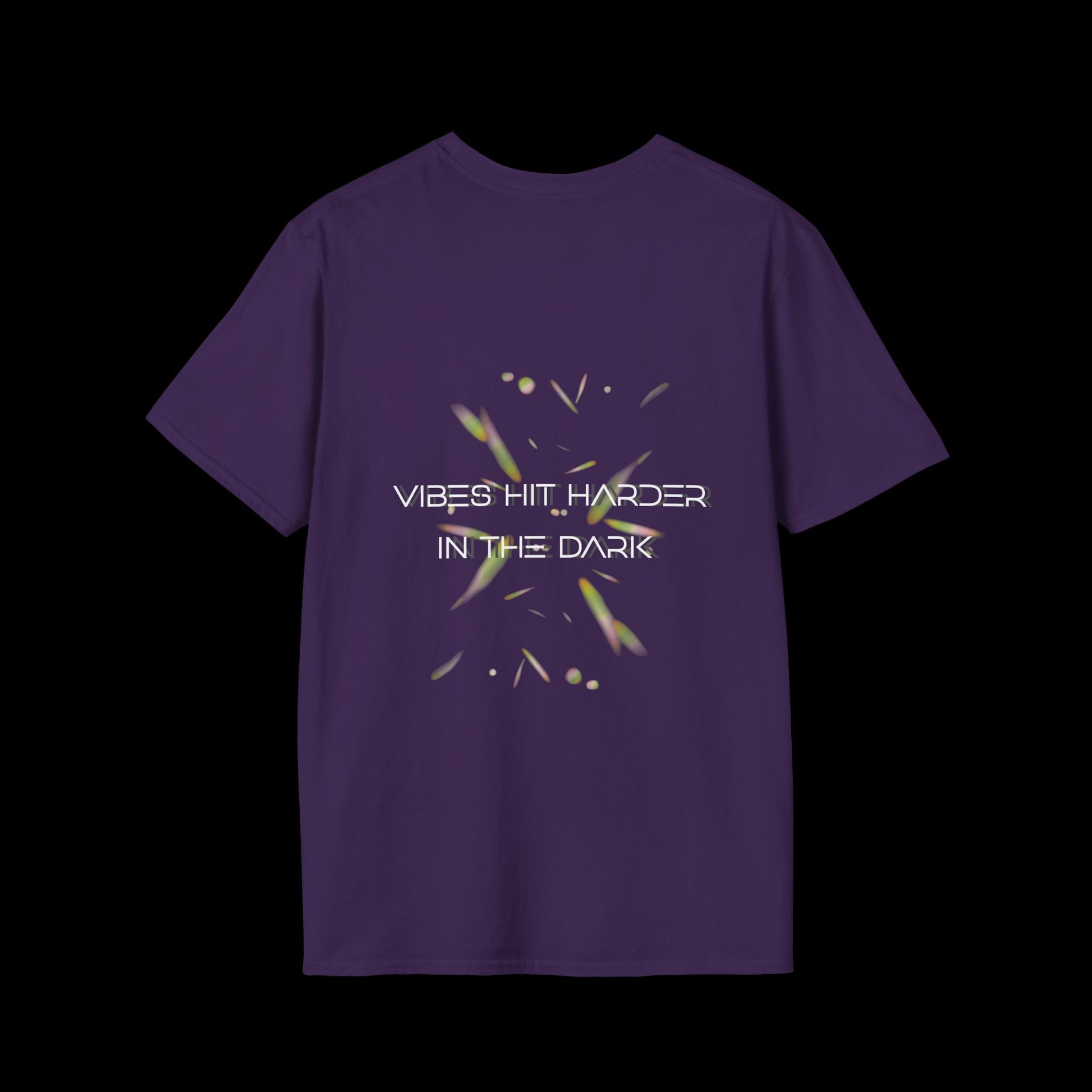 Purple t-shirt with glowing abstract elements and “Vibes Hit Harder in the Dark” text in futuristic font. Designed for rave and club wear.

