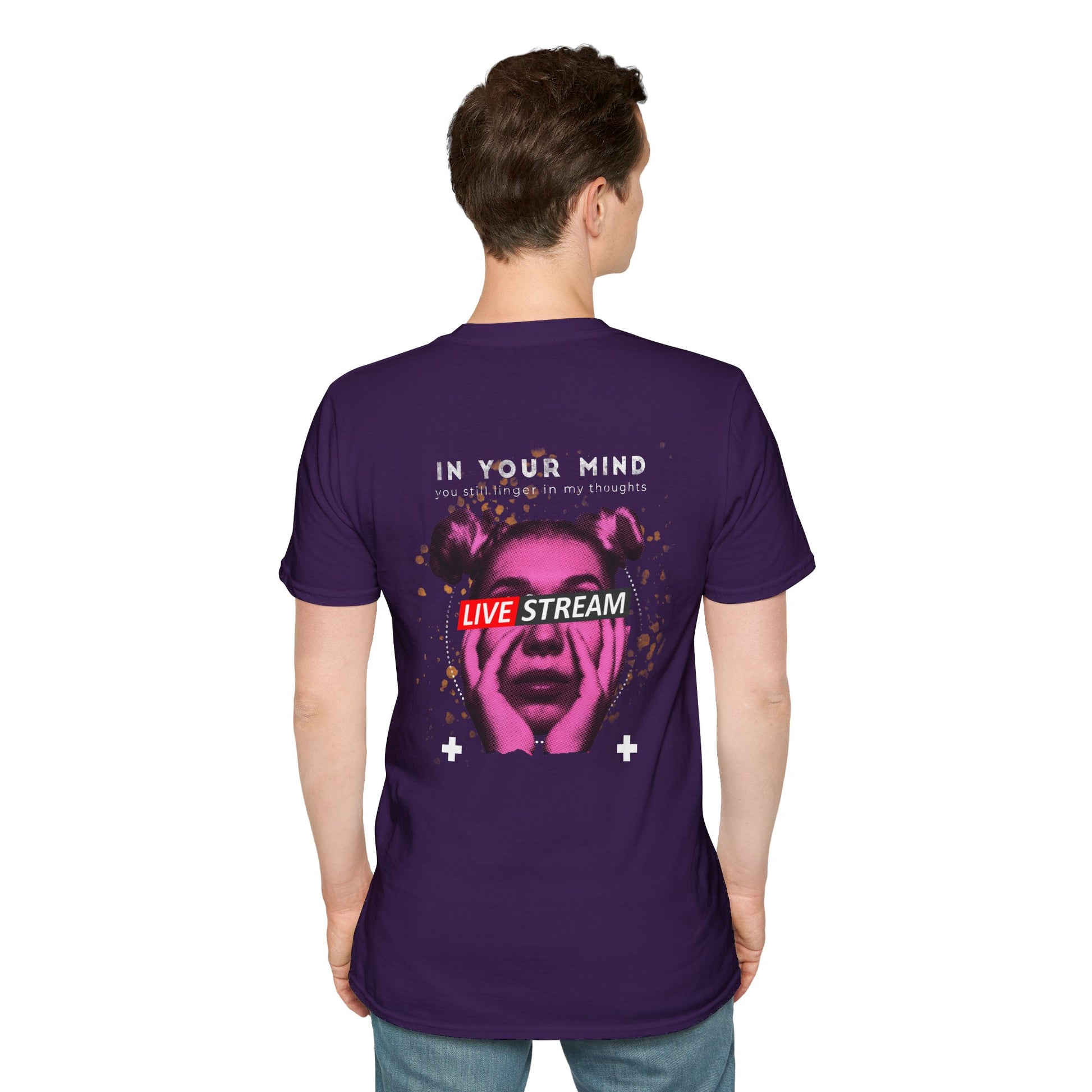 Violet T-shirt with a woman’s face and the phrase ‘live stream’ in white text across her palms