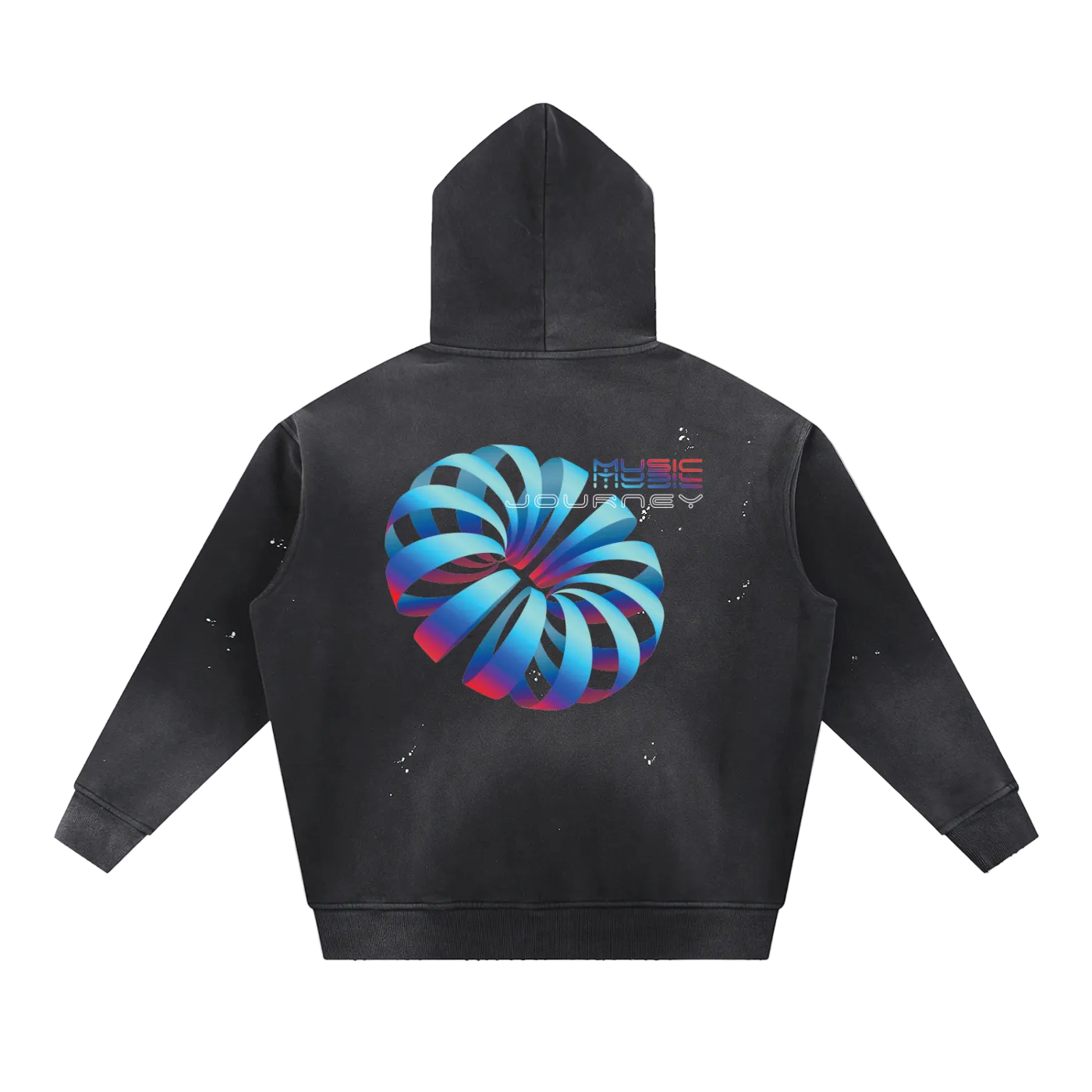 Black hoodie with colorful abstract design on the back against a white background