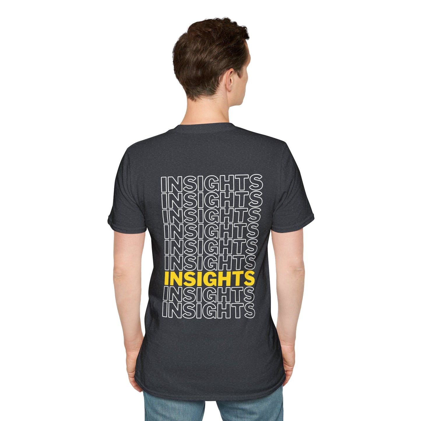 Heather Grey T-shirt with the word ‘INSIGHTS’ repeated in white text and one instance highlighted in yellow