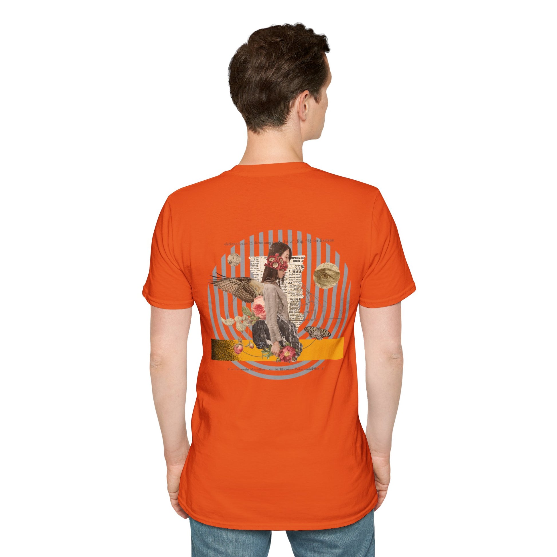 Orange T-shirt with a mysterious figure surrounded by butterflies and roses, with newspaper clippings and black stripes