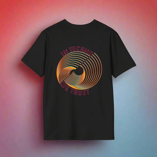 In Techno We Trust t-shirt featuring a vibrant spiral graphic in orange and neon hues with bold typography on a black background, perfect for streetwear and music fans.