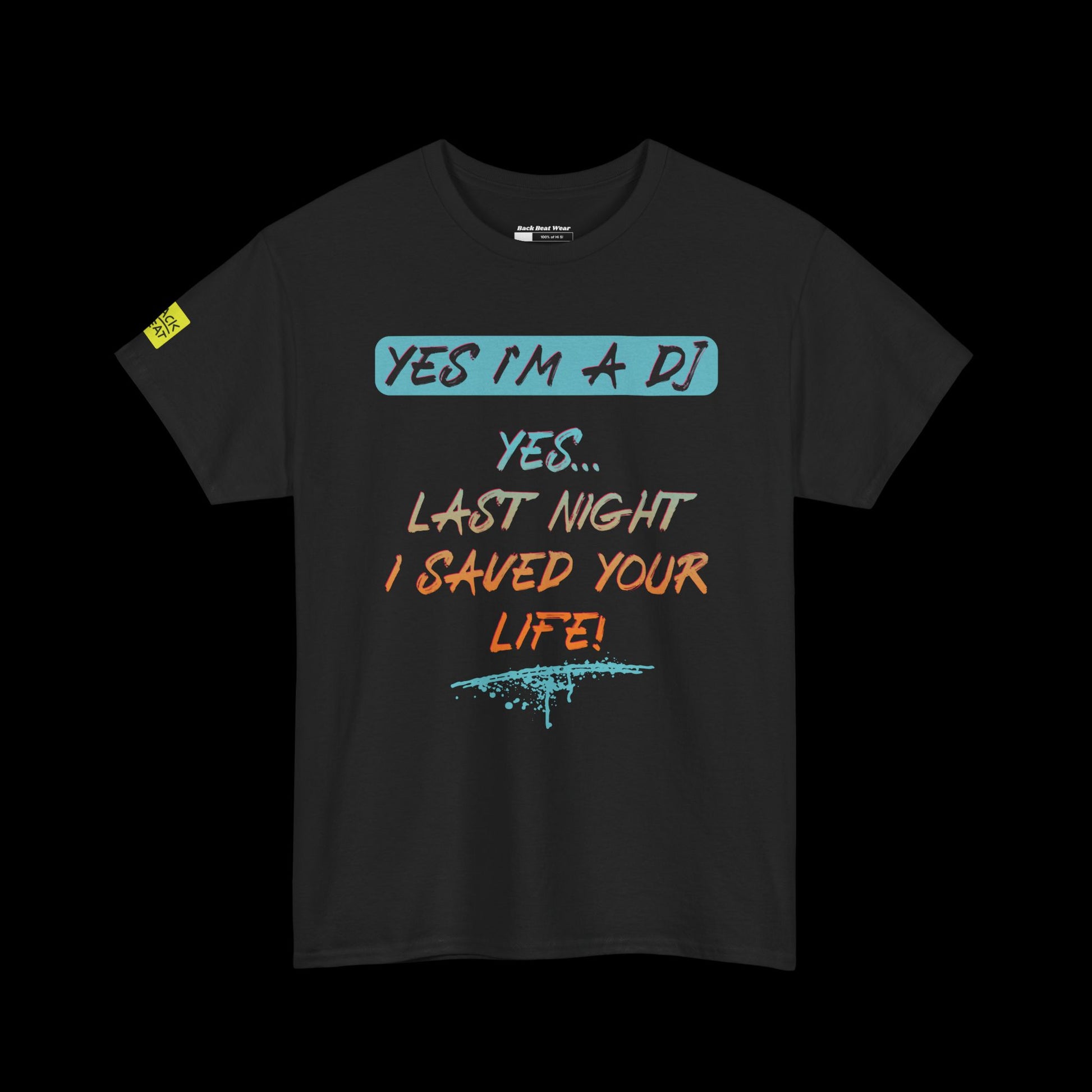 Black t-shirt with humorous text design on a black background