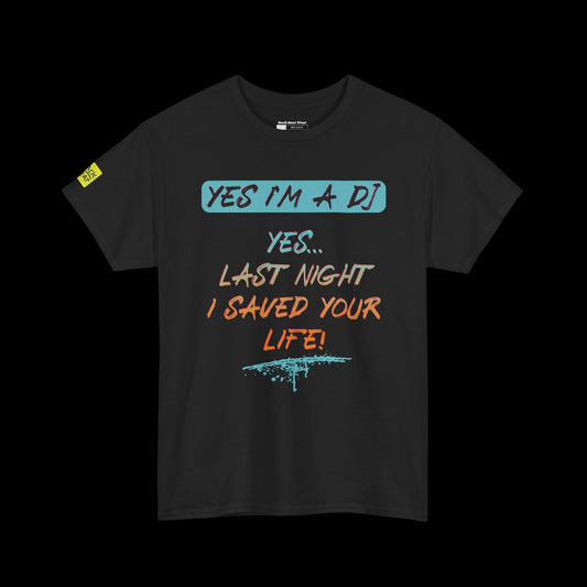 Black t-shirt with humorous text design on a black background