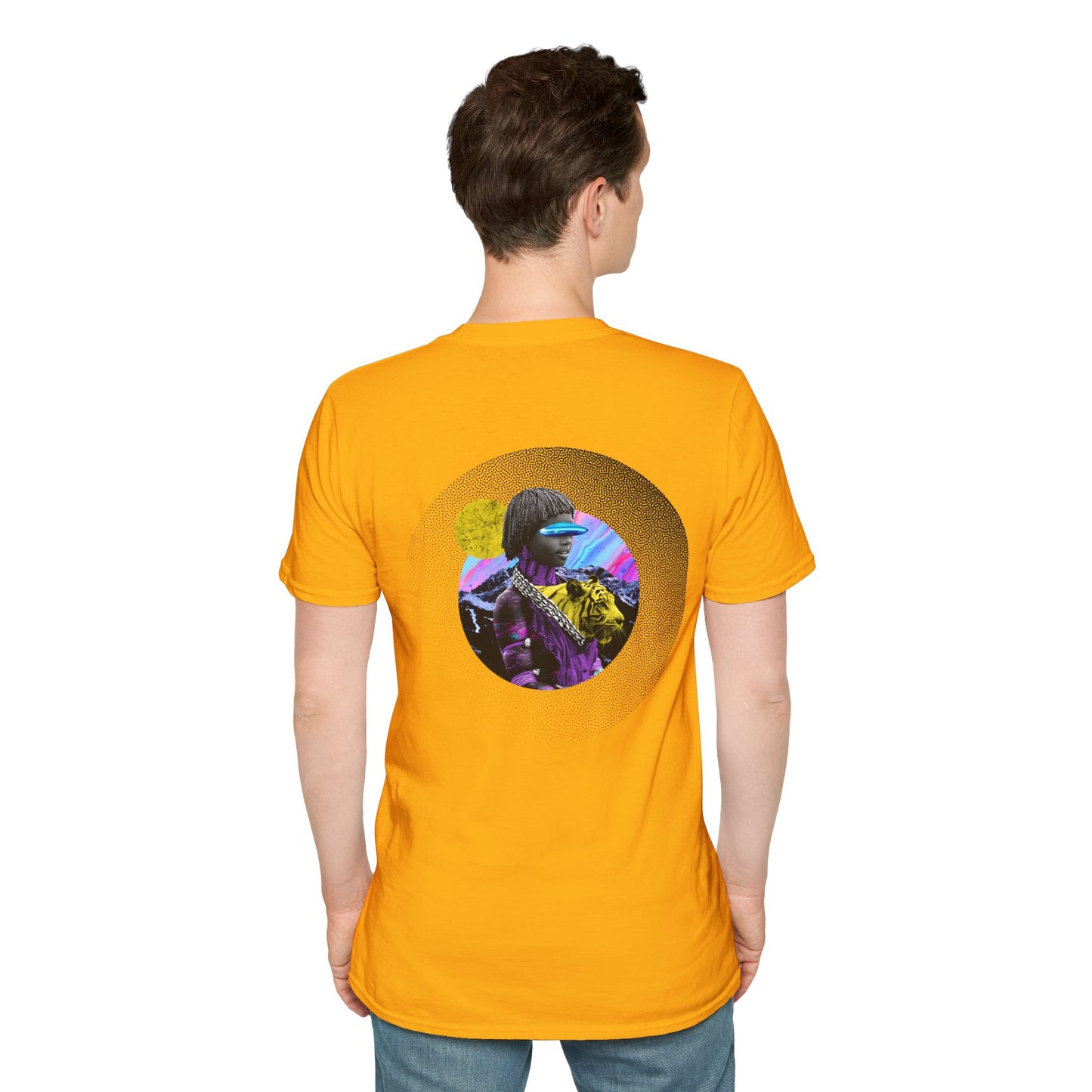 Yellow T-shirt with a collage of an African woman with futuristic glasses and a yellow tiger