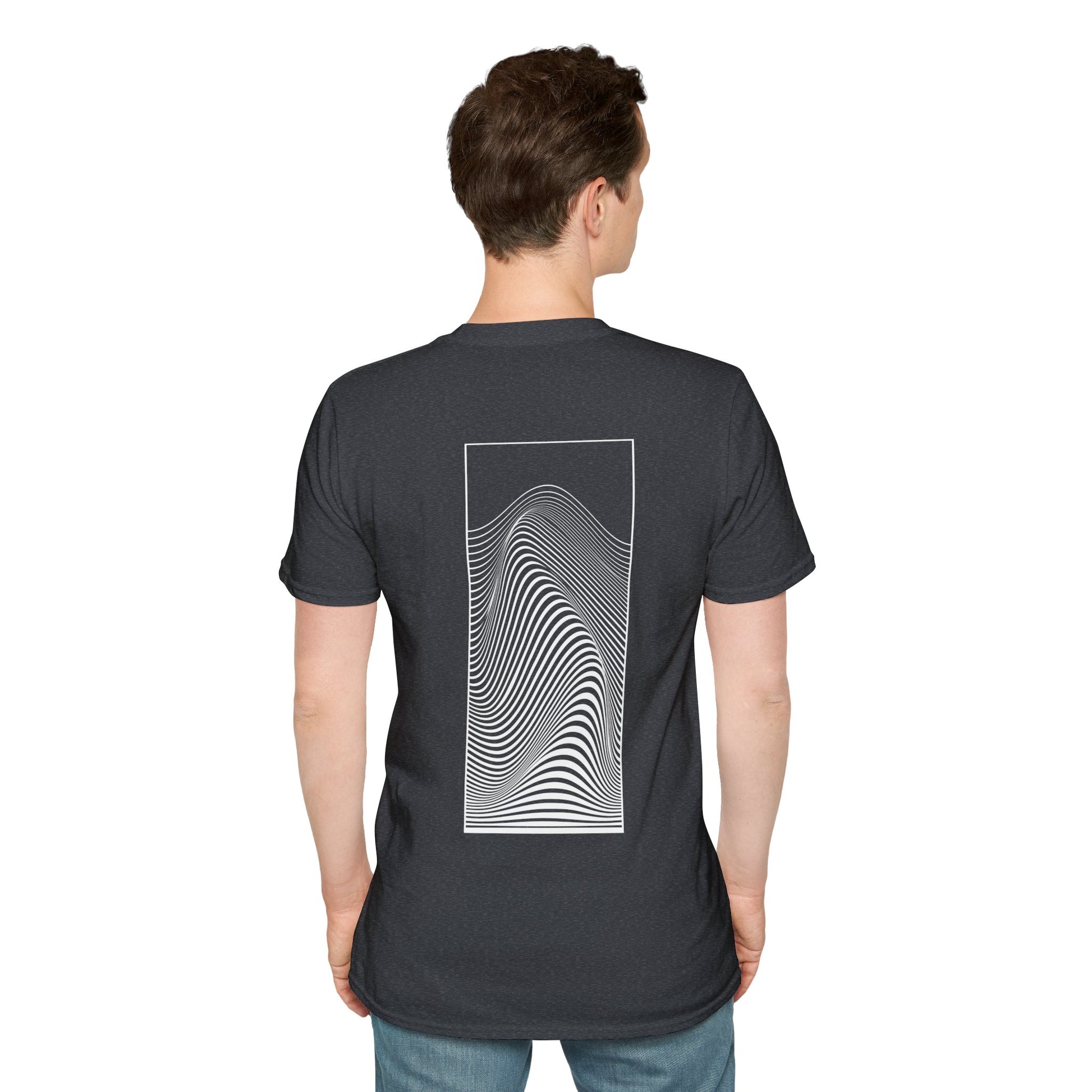 Dark Grey T-shirt with a black and white optical illusion design of swirling patterns