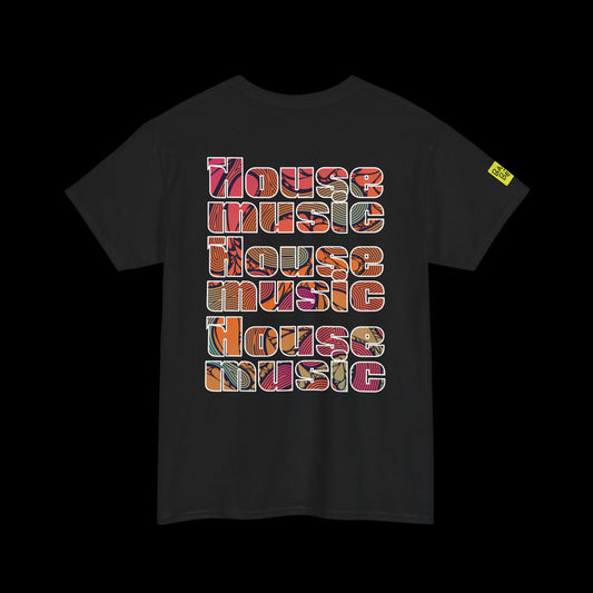 Black t-shirt with 'House music' text design on a plain background