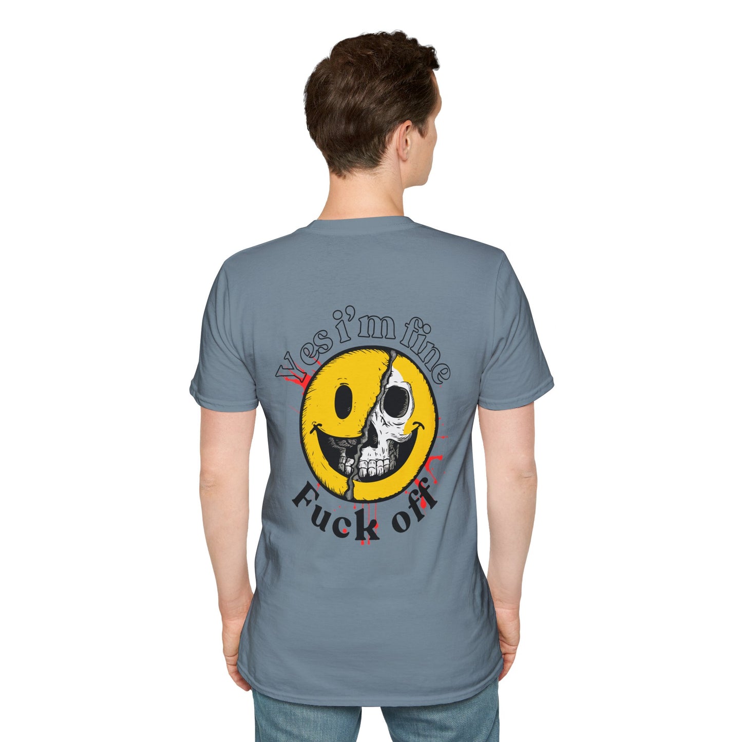 Stone Blue T-shirt with a half smiley, half skull design and bold text 'Yes I'm Fine' and 'Fuck Off' 