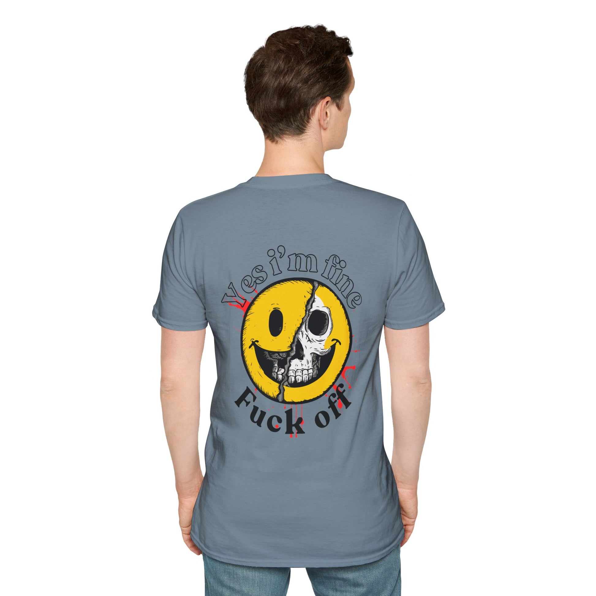 Stone Blue T-shirt with a half smiley, half skull design and bold text 'Yes I'm Fine' and 'Fuck Off' 