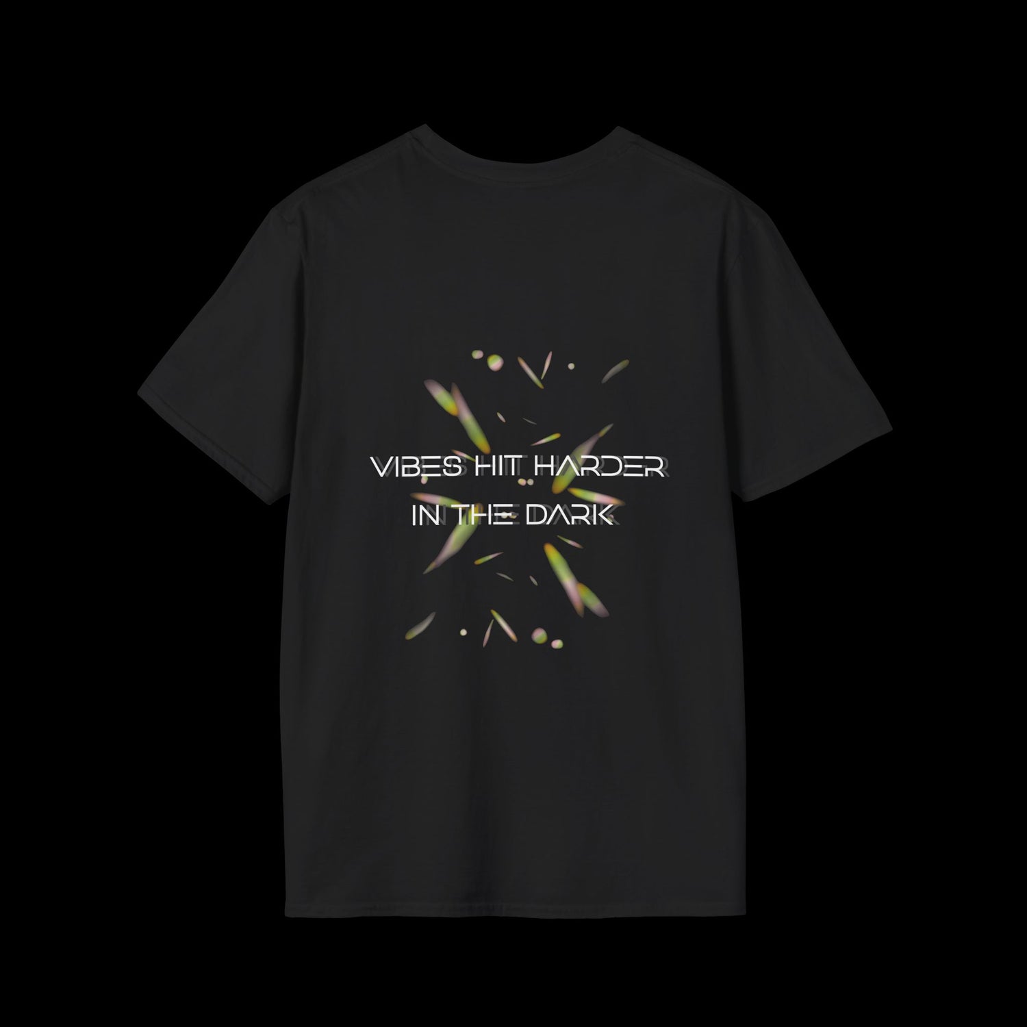Black t-shirt with glowing abstract elements and “Vibes Hit Harder in the Dark” text in futuristic font. Designed for rave and club wear.
