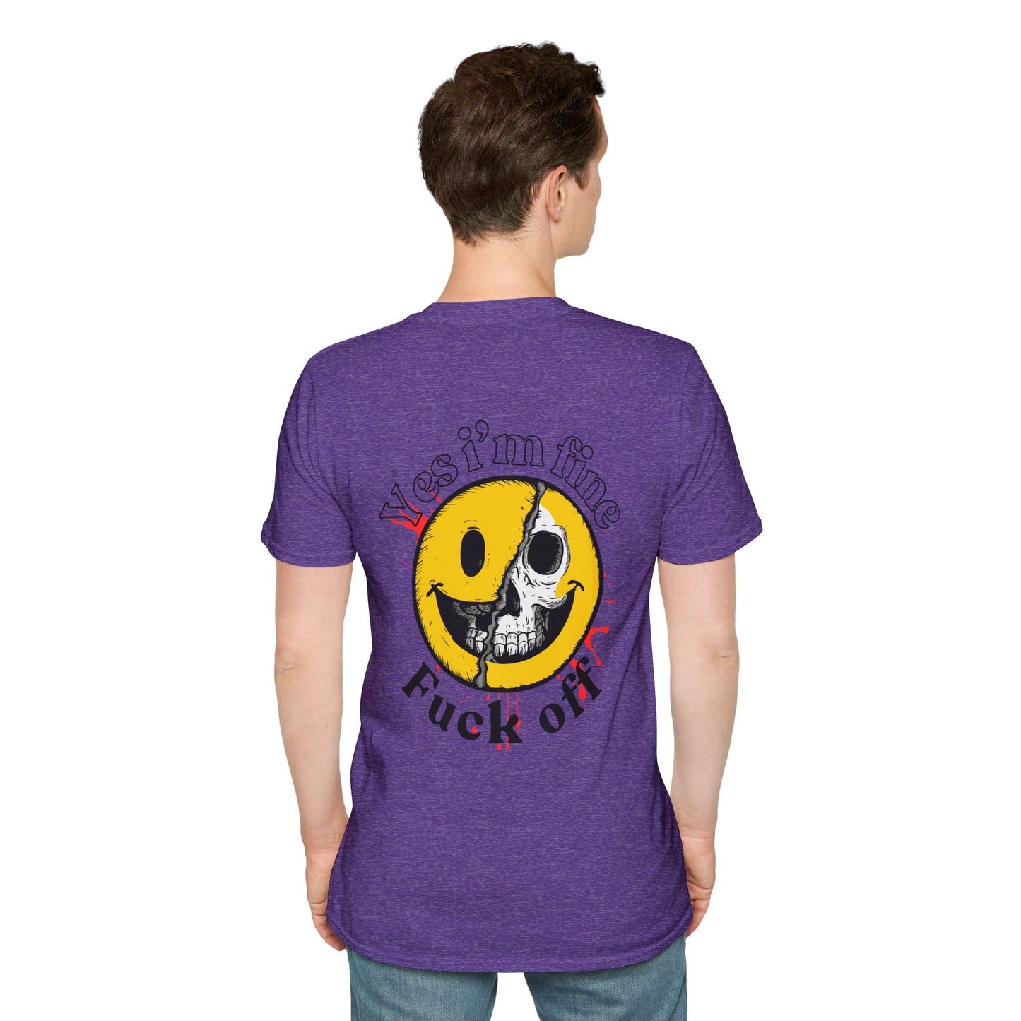 Violet T-shirt with a half smiley, half skull design and bold text 'Yes I'm Fine' and 'Fuck Off' 