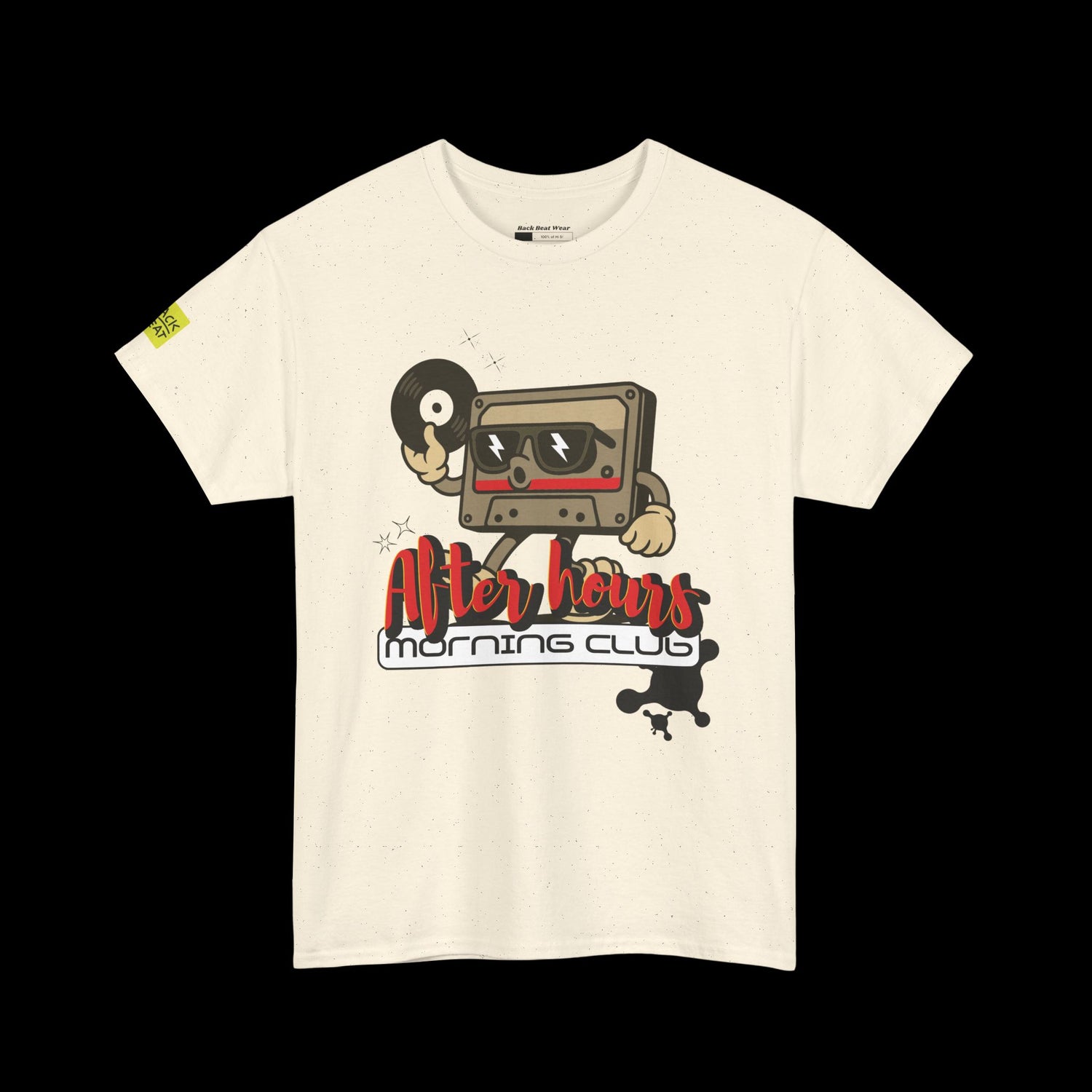 Beige t-shirt with a graphic design of a cassette tape and text on a black background