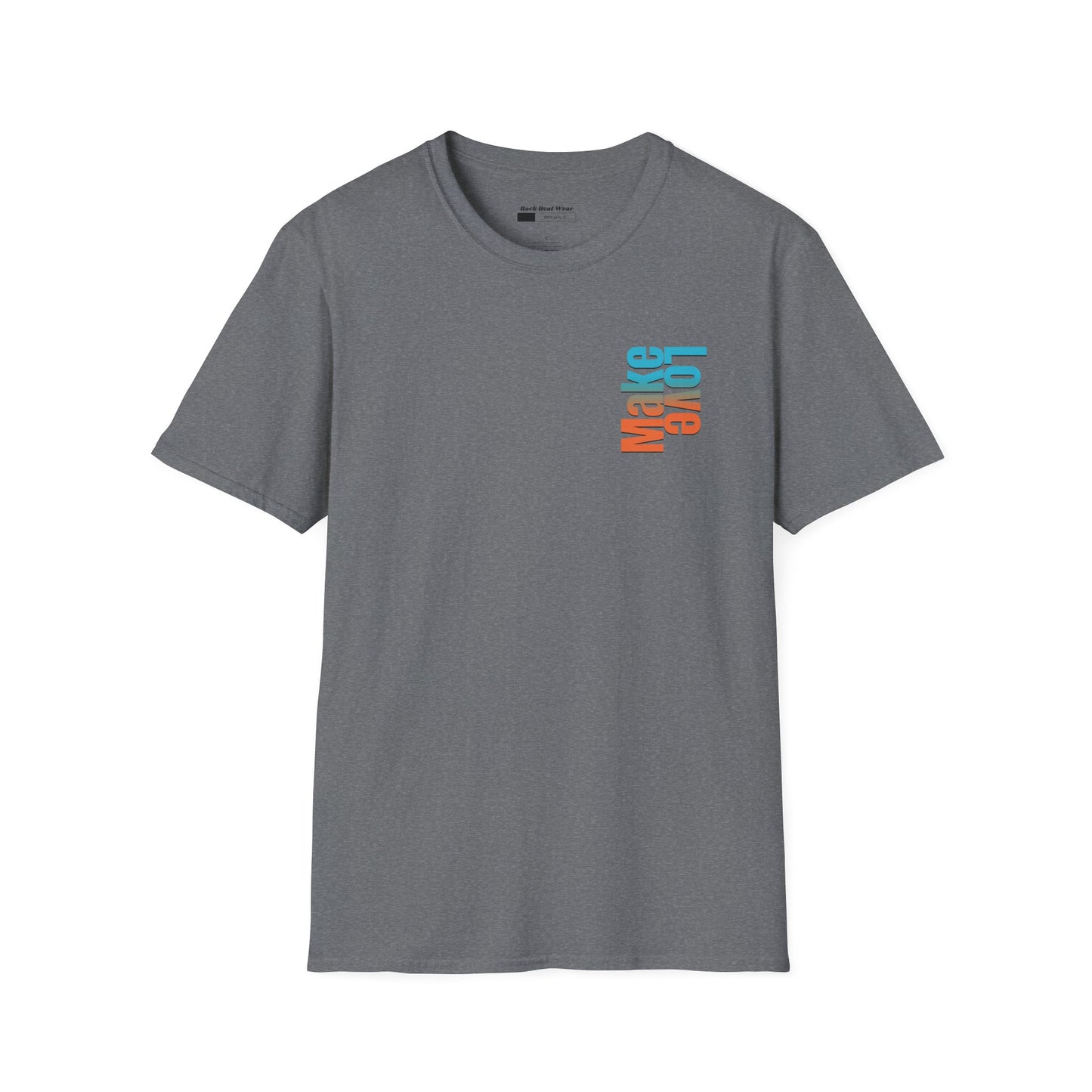 Grey t-shirt with bold 'Make Love' graphic design in vibrant colors, modern streetwear fashion.