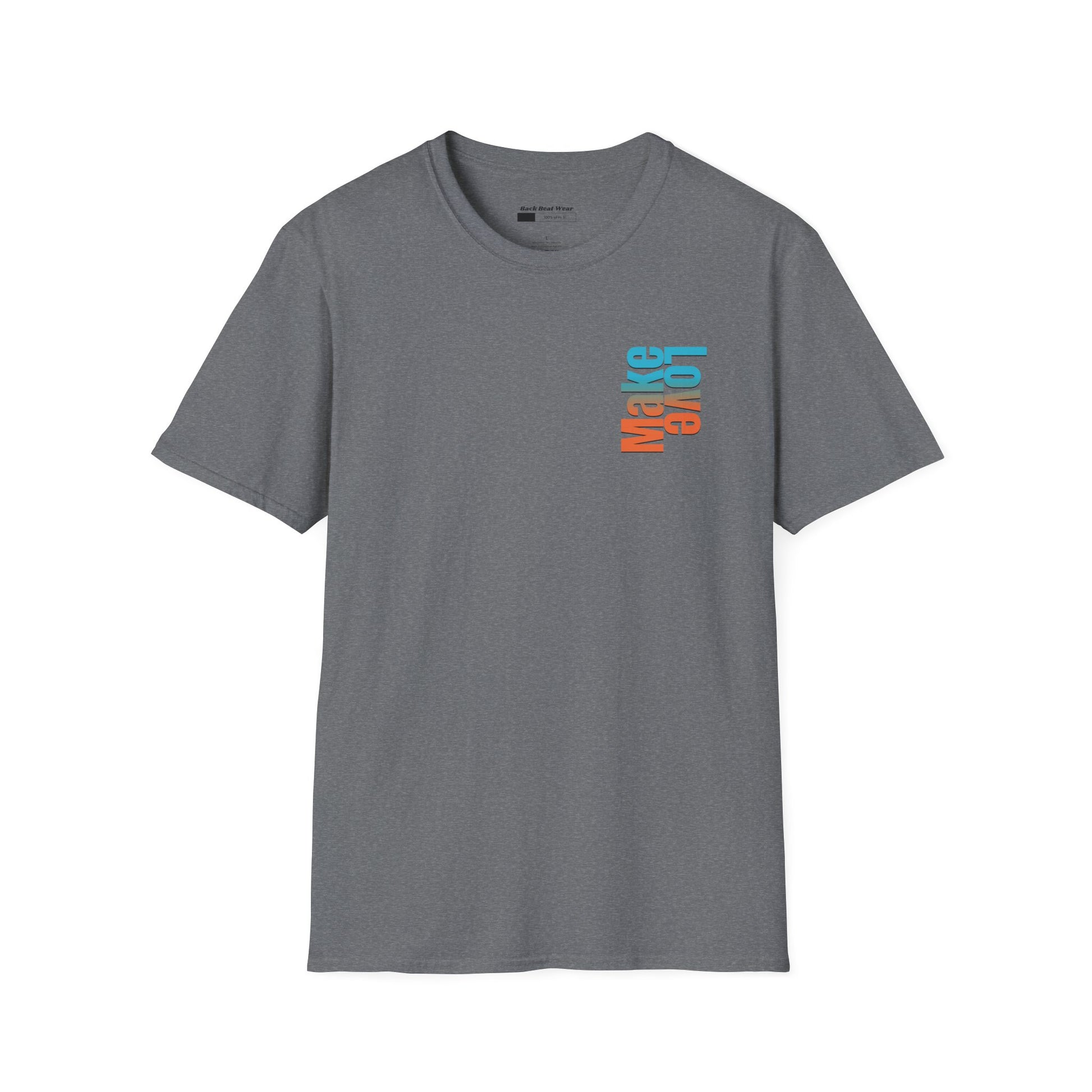 Grey t-shirt with bold 'Make Love' graphic design in vibrant colors, modern streetwear fashion.