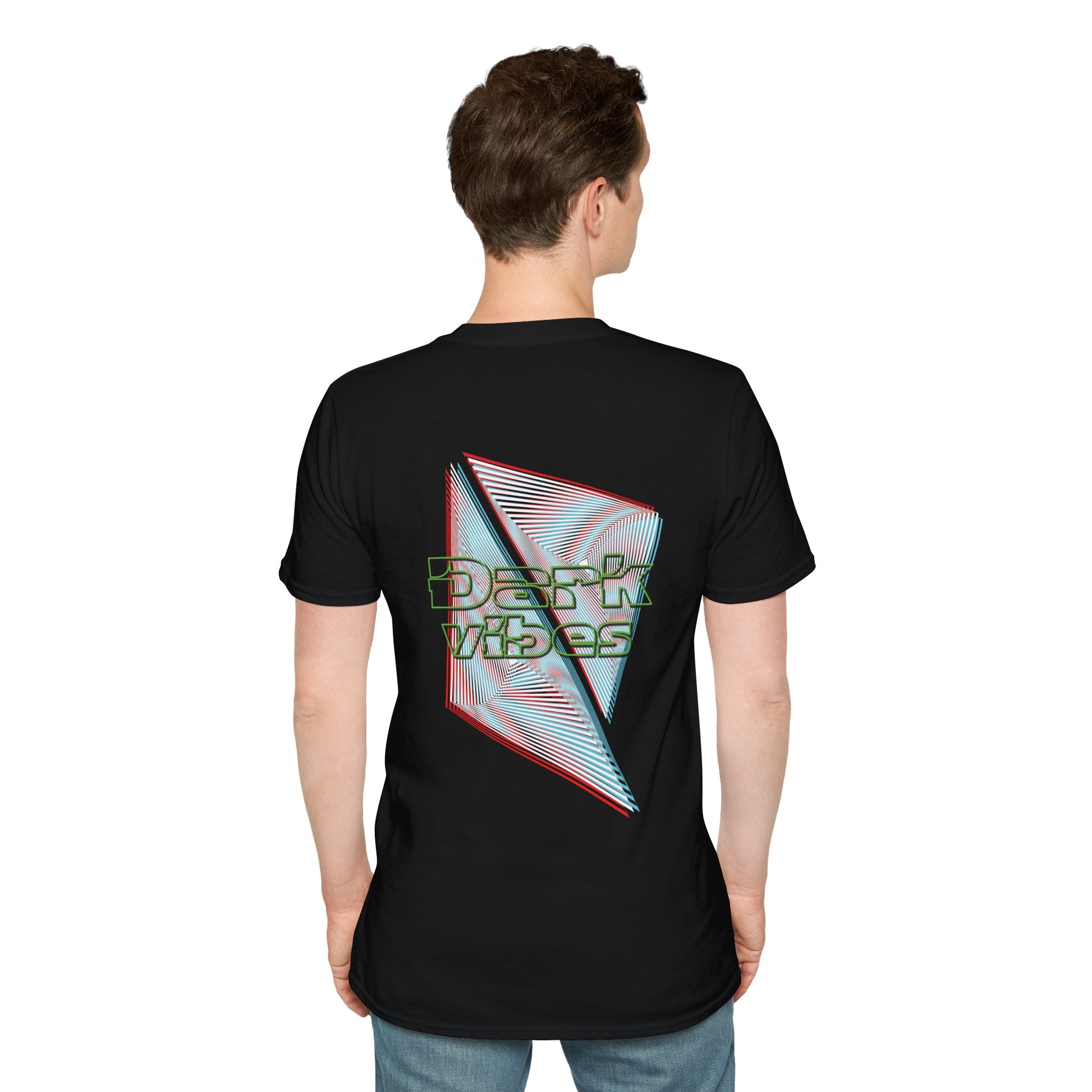 A black t-shirt featuring bold geometric lines in red and cyan with glitch-style "Dark Vibes" typography, perfect for rave culture and electronic music fans.