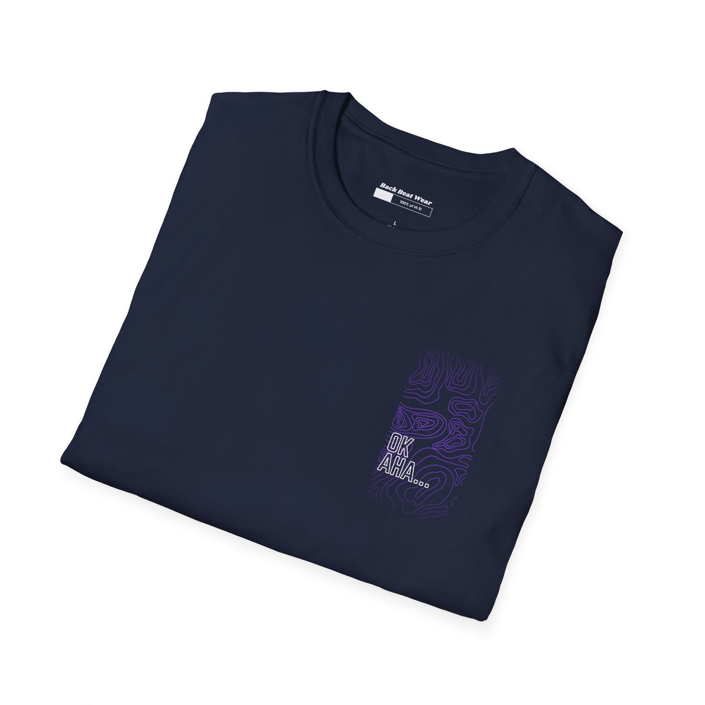 OK AHA...WHATEVER navy T-Shirt featuring abstract purple contour lines and bold white typography, perfect for streetwear and laid-back vibes.