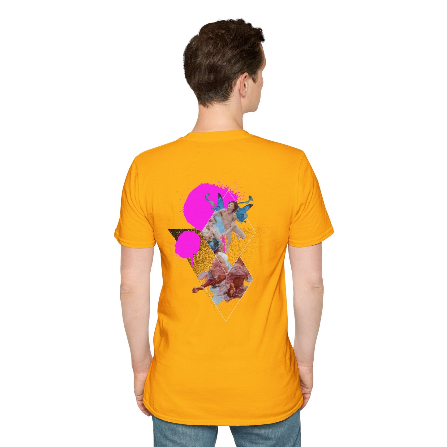 Yellow T-shirt with a surreal collage of butterflies in spray paint design