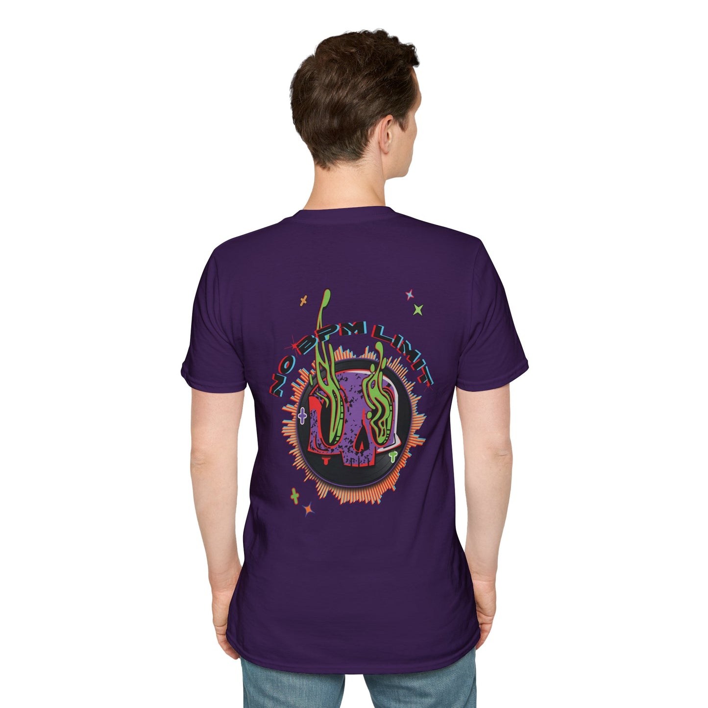 A vibrant purple t-shirt design featuring a melting vinyl skull surrounded by colorful waveforms and trippy accents, with the text "No BPM Limit