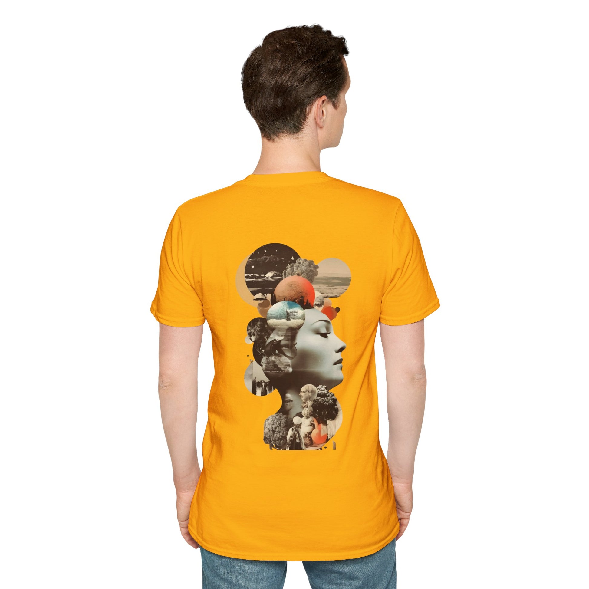 Yellow T-shirt with a collage of a mysterious figure surrounded by butterflies and roses