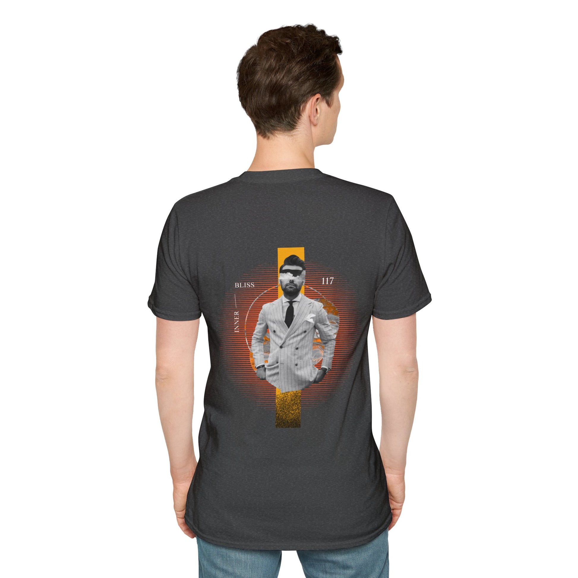 Dark Grey T-shirt featuring a faceless man in a suit with a bold yellow rectangle