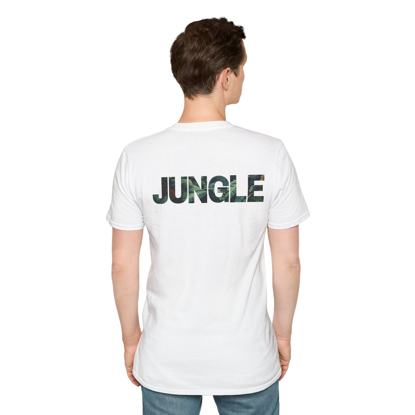 White T-shirt with a bold, funky 'Jungle' sign design in vibrant colors
