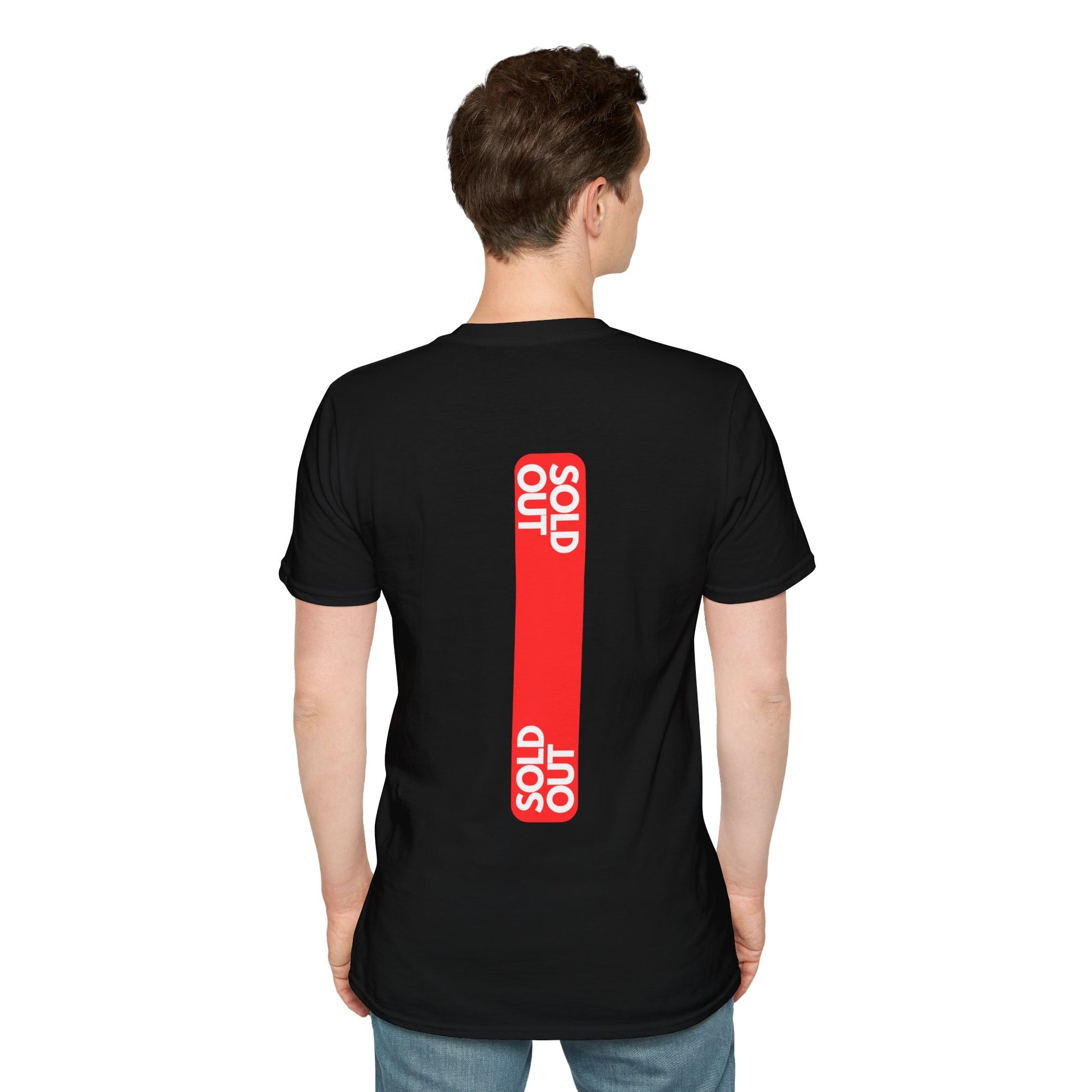 Black T-shirt with a striking red tag design and the text ‘SOLD OUT’ in bold letters