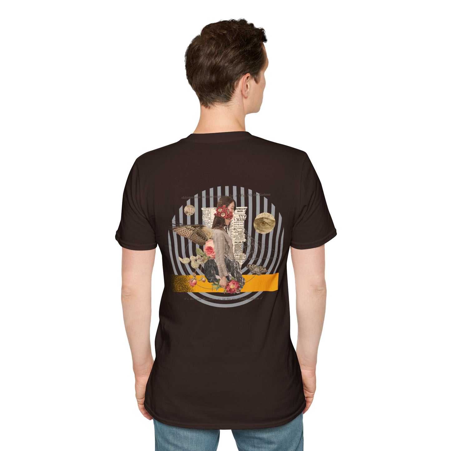 Brown T-shirt with a mysterious figure surrounded by butterflies and roses, with newspaper clippings and black stripes
