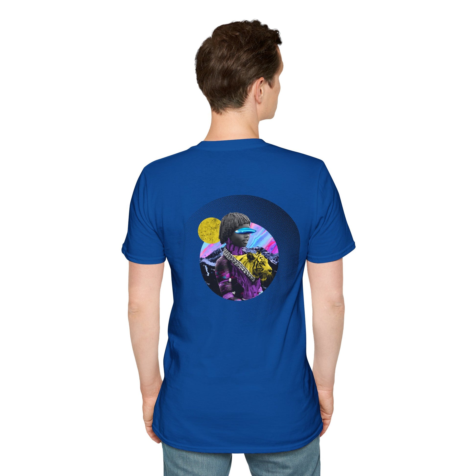 Blue T-shirt with a collage of an African woman with futuristic glasses and a yellow tiger