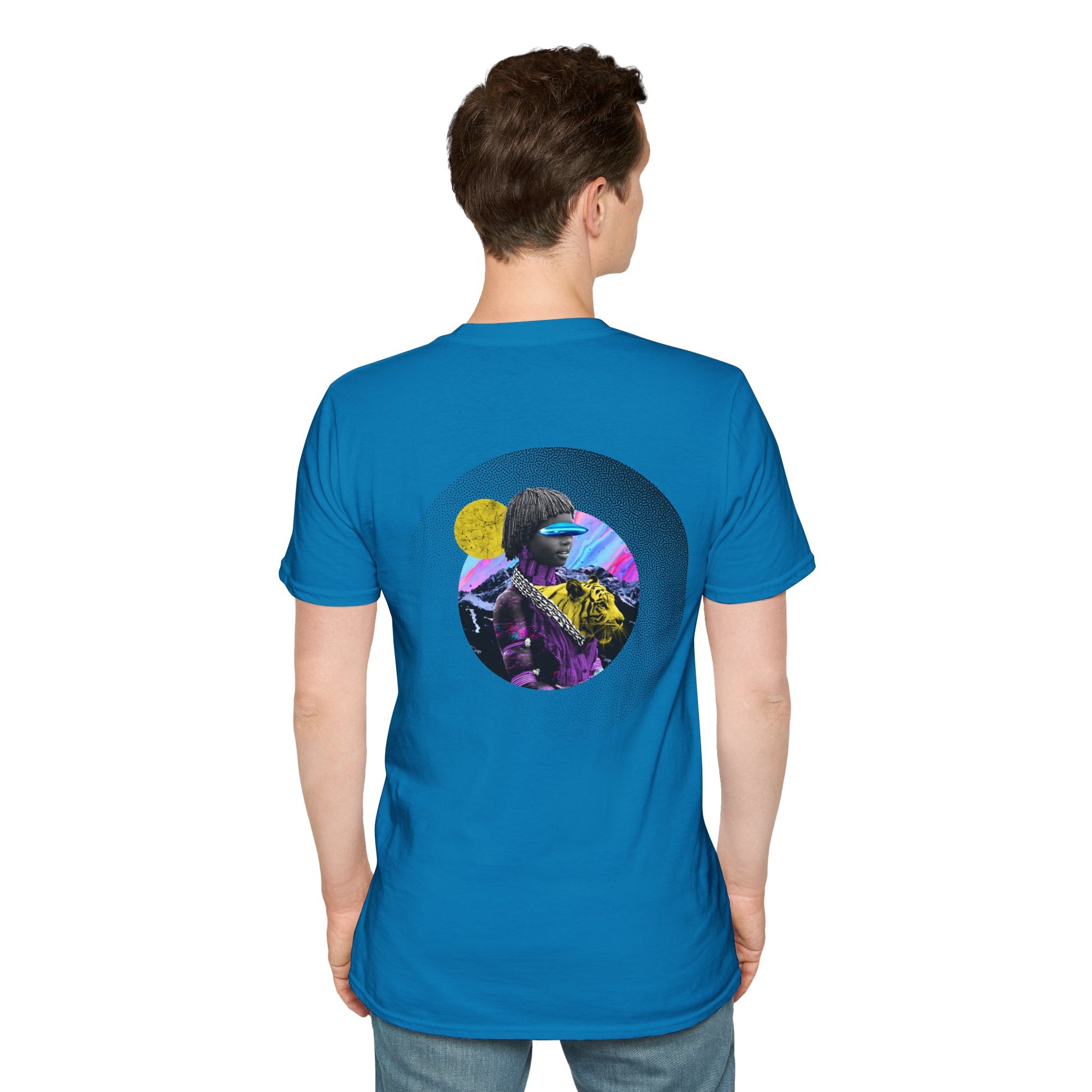 Sky Blue T-shirt with a collage of an African woman with futuristic glasses and a yellow tiger