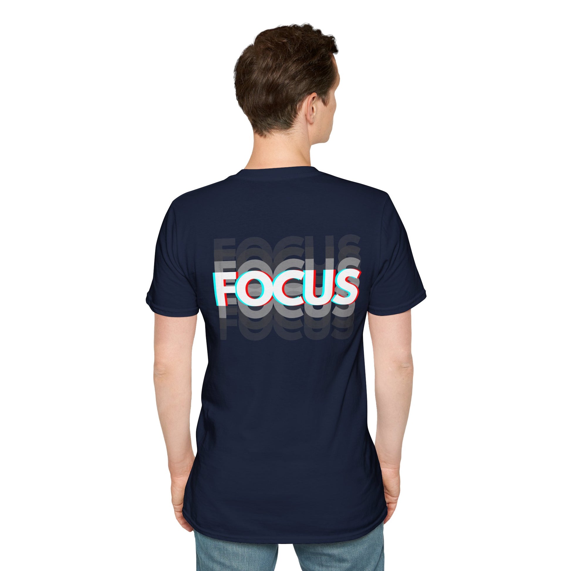 Navy T-shirt with bold ‘FOCUS’ design in large white letters and 3D effect in red and blue