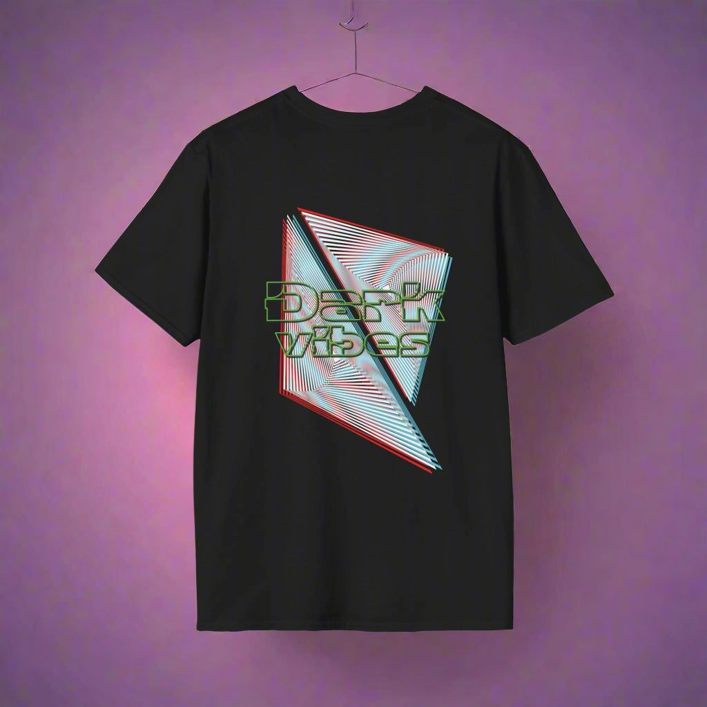 A black t-shirt featuring bold geometric lines in red and cyan with glitch-style "Dark Vibes" typography, perfect for rave culture and electronic music fans.