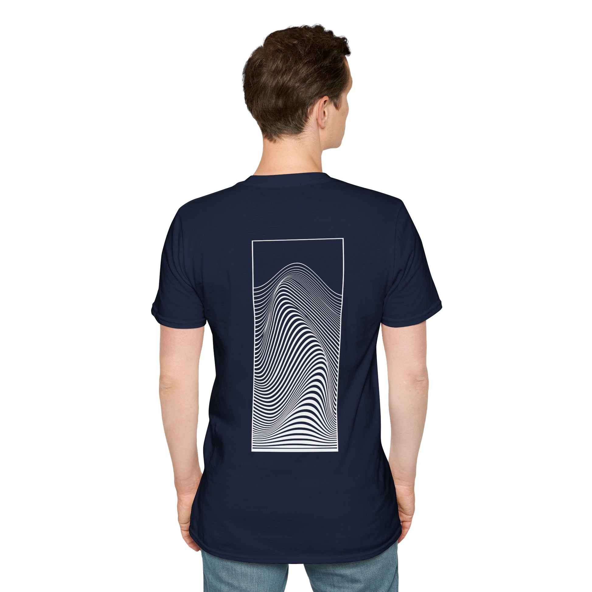 Navy T-shirt with a black and white optical illusion design of swirling patterns