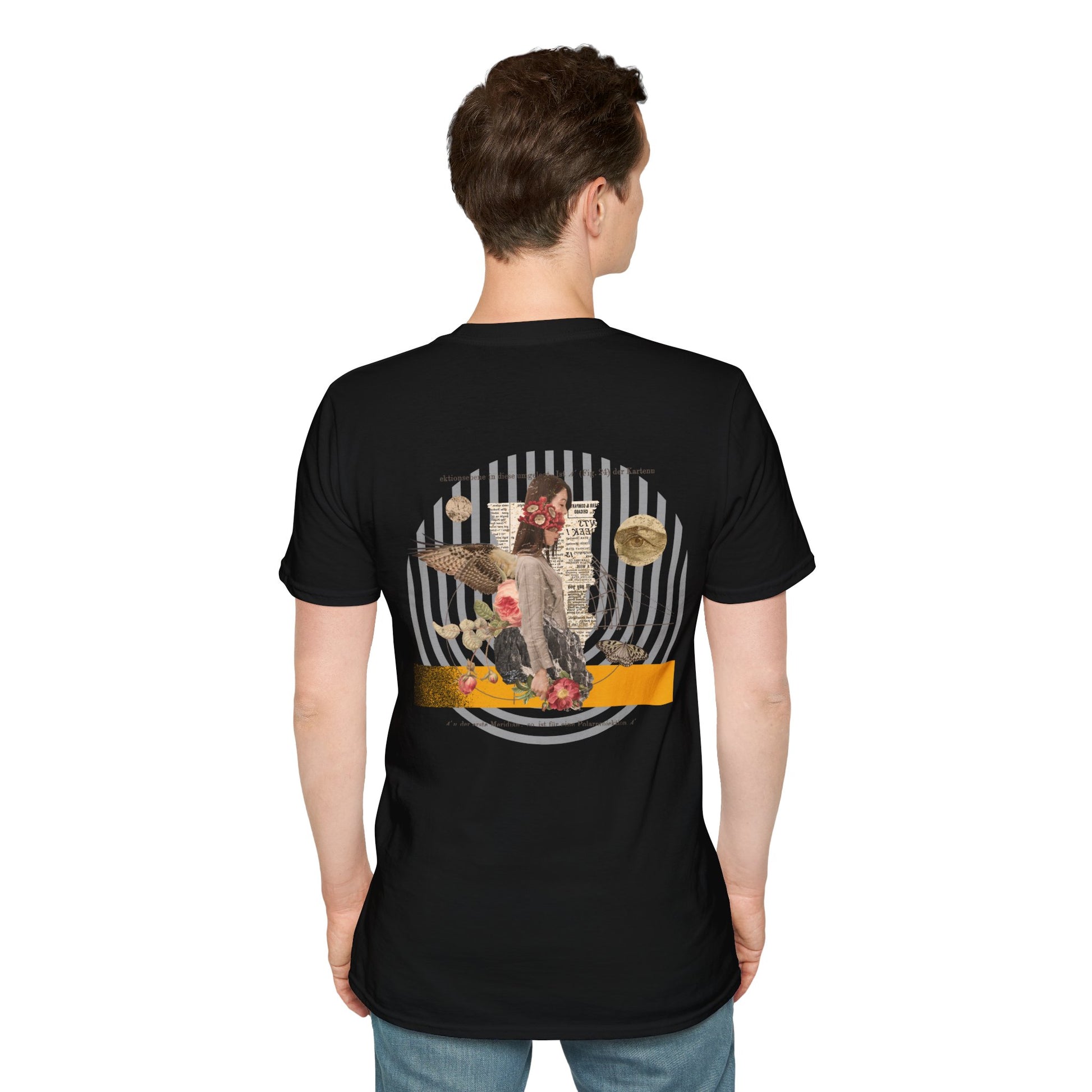 Black T-shirt with a mysterious figure surrounded by butterflies and roses, with newspaper clippings and black stripes