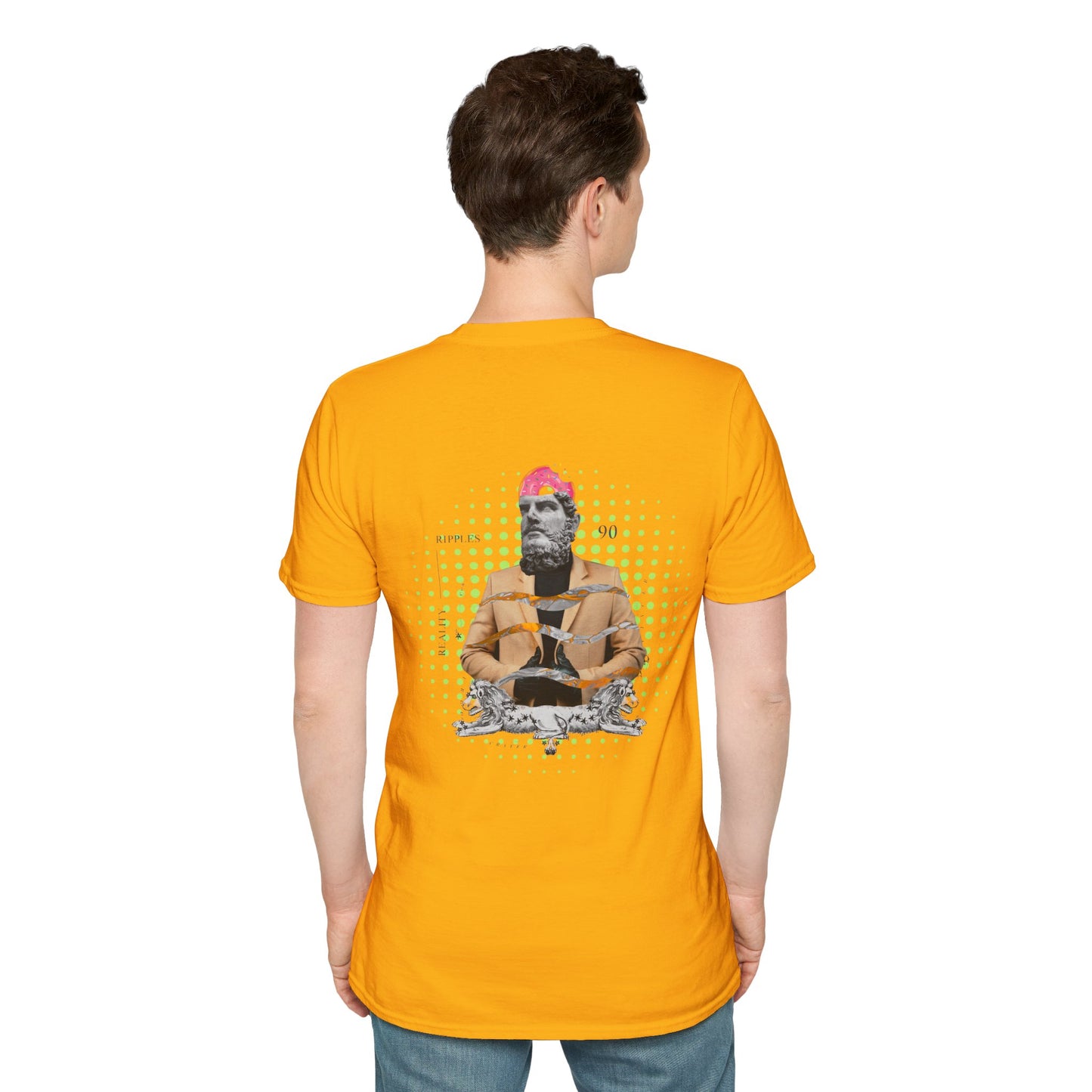White T-shirt featuring a collage of a Greek statue head with a modern glitch art twist