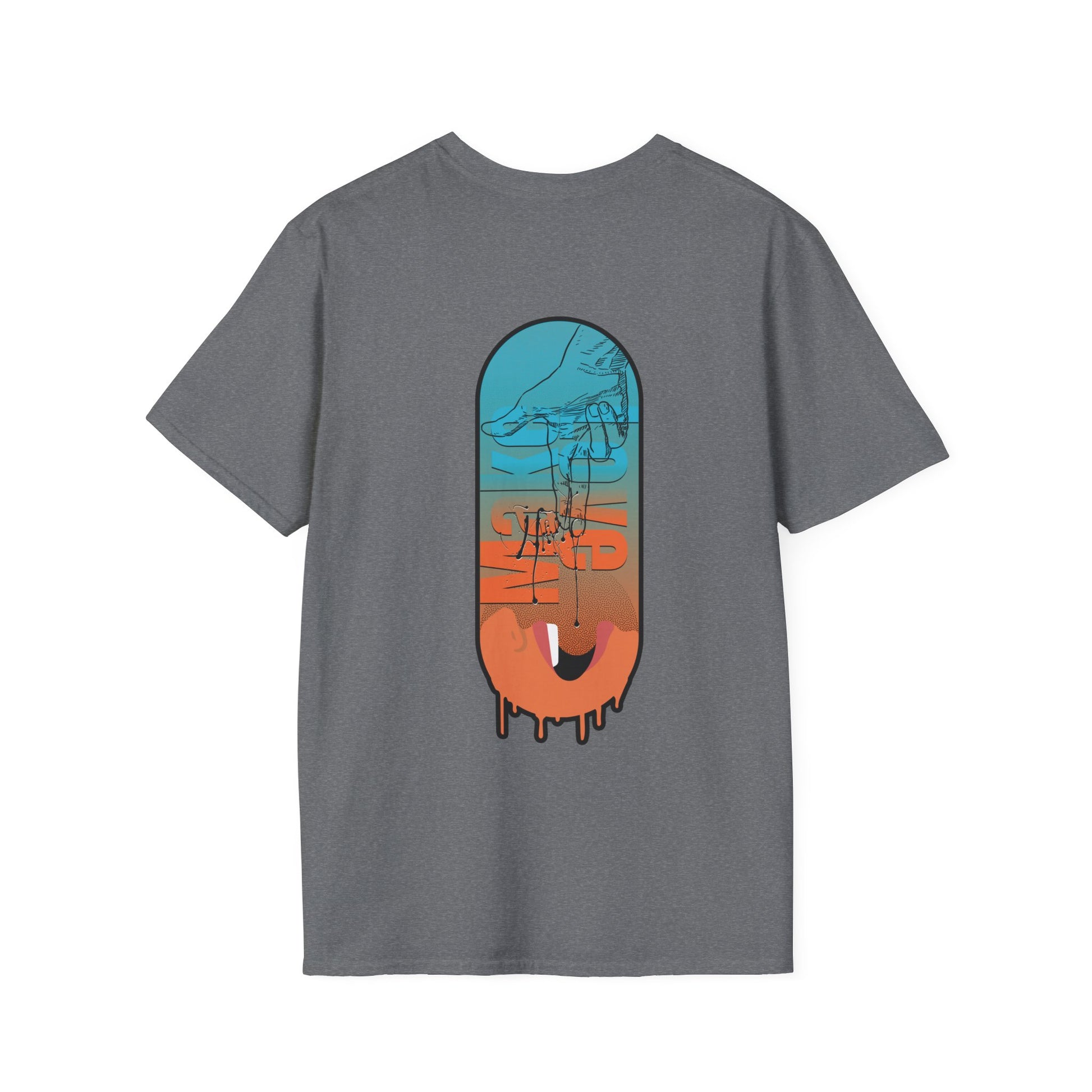 Grey t-shirt with bold 'Make Love' graphic design in vibrant colors, modern streetwear fashion.