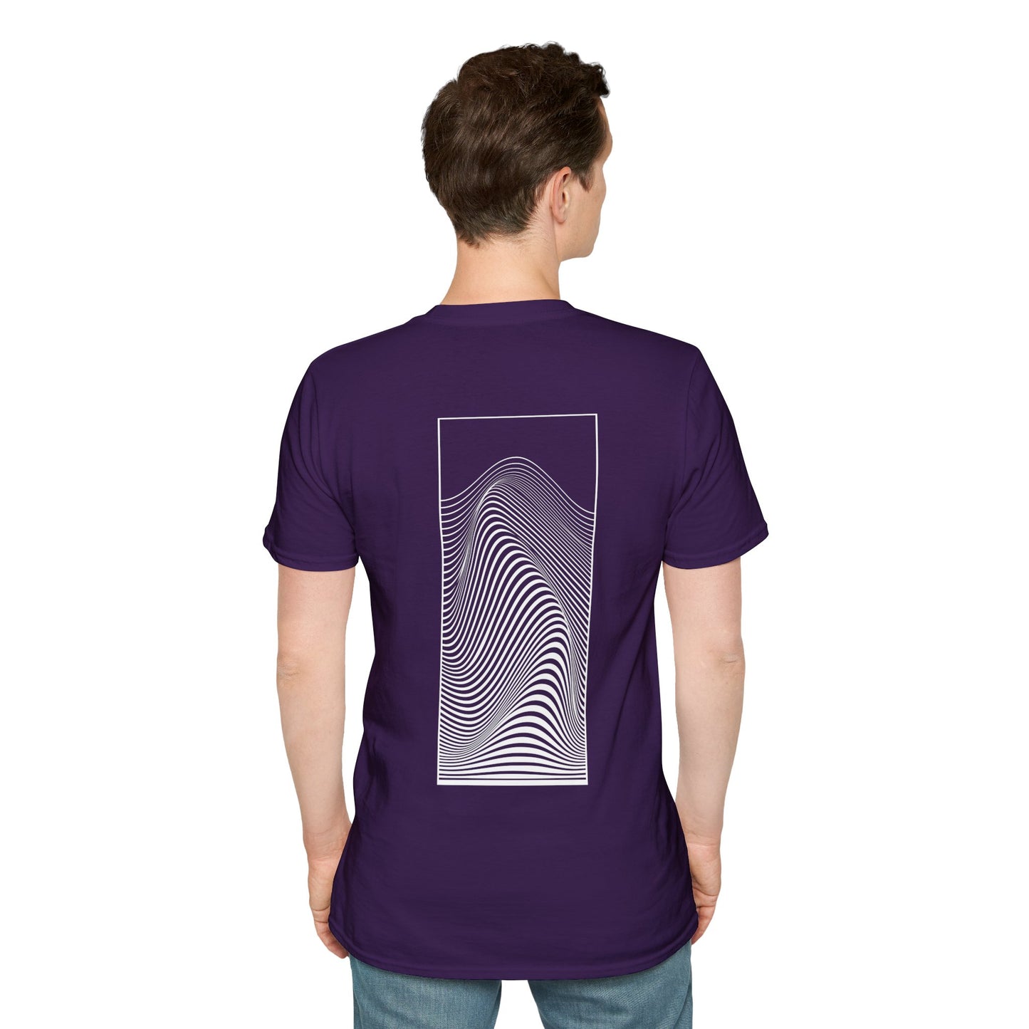 Violet T-shirt with a black and white optical illusion design of swirling patterns