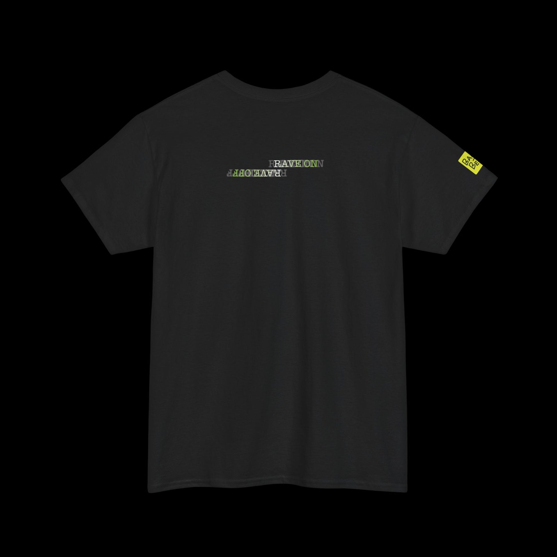 Black t-shirt with text and logo on a black background