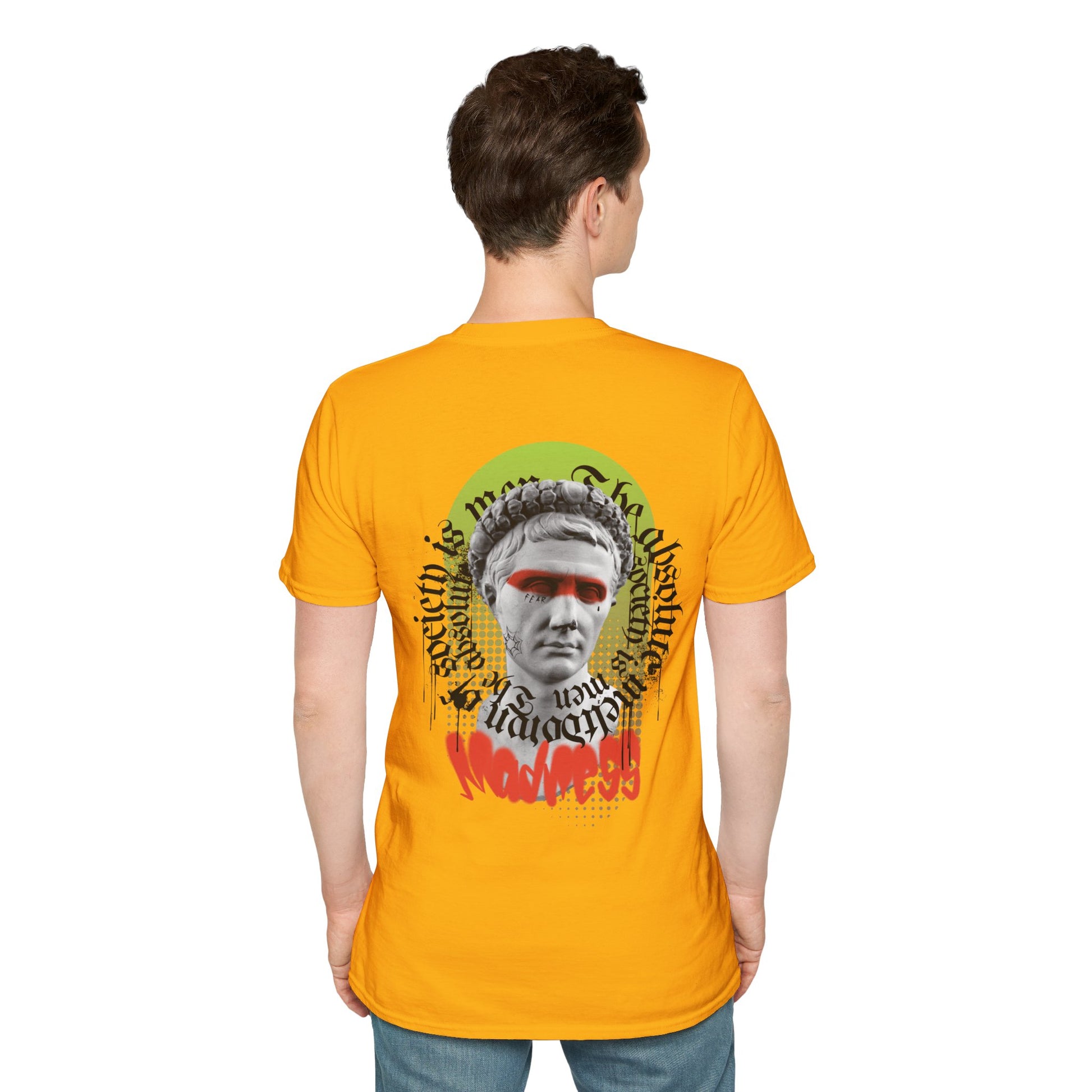 Yellow T-shirt with a Greek statue face and the word ‘Madness’ in bold red lettering