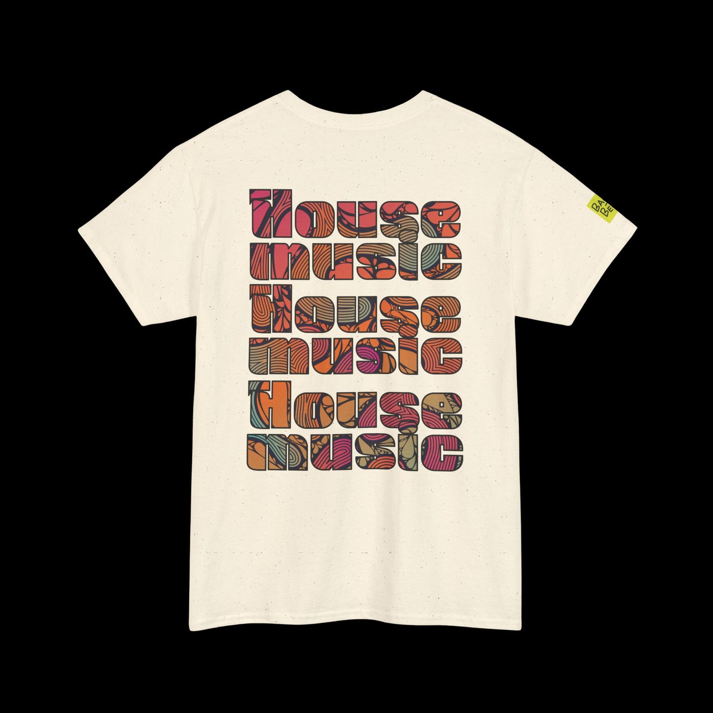 Beige t-shirt with 'House Music' text design on a black background