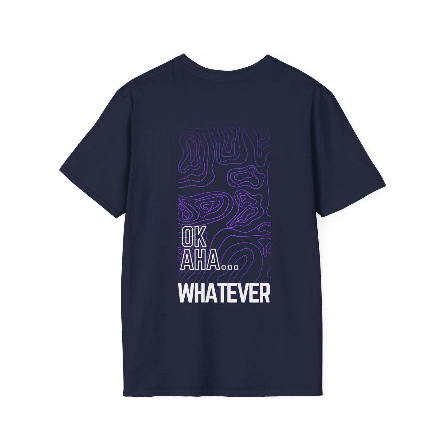 OK AHA...WHATEVER navy T-Shirt featuring abstract purple contour lines and bold white typography, perfect for streetwear and laid-back vibes.