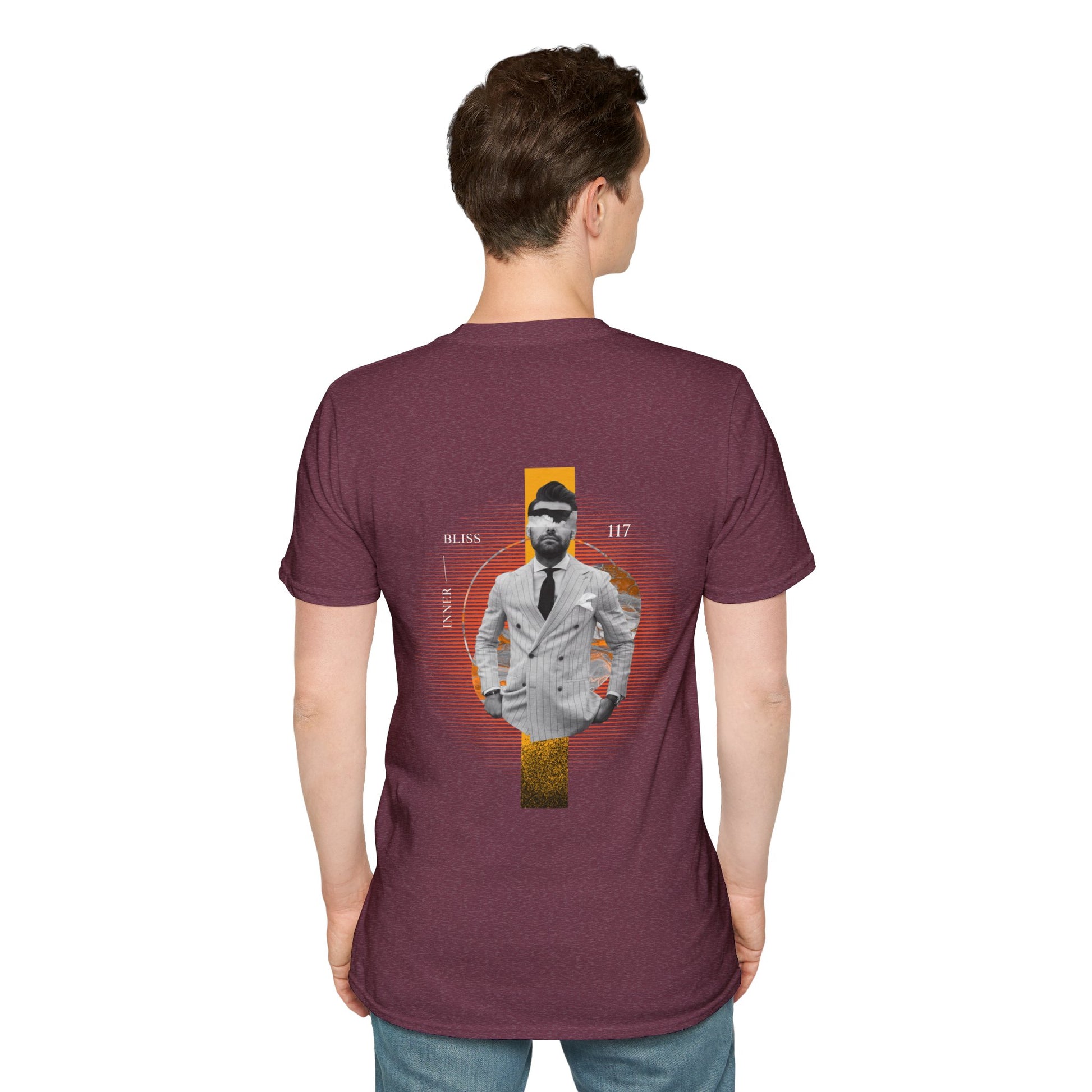 Cherry  T-shirt featuring a faceless man in a suit with a bold yellow rectangle
