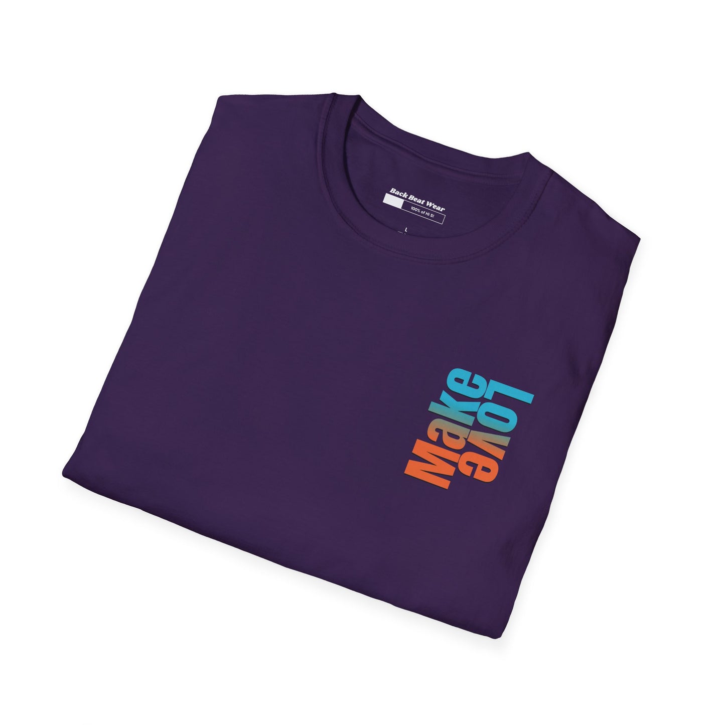 Purple t-shirt with bold 'Make Love' graphic design in vibrant colors, modern streetwear fashion.