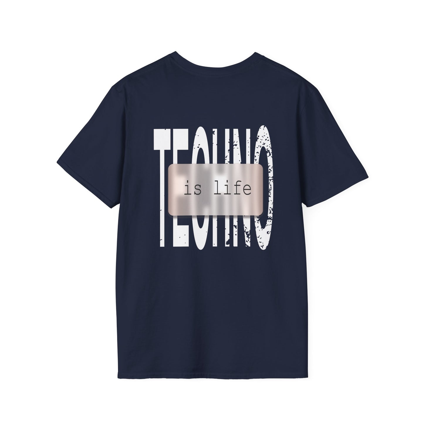 A navy t-shirt featuring bold white typography that reads "TECHNO is life," designed for electronic music fans and rave streetwear enthusiasts.