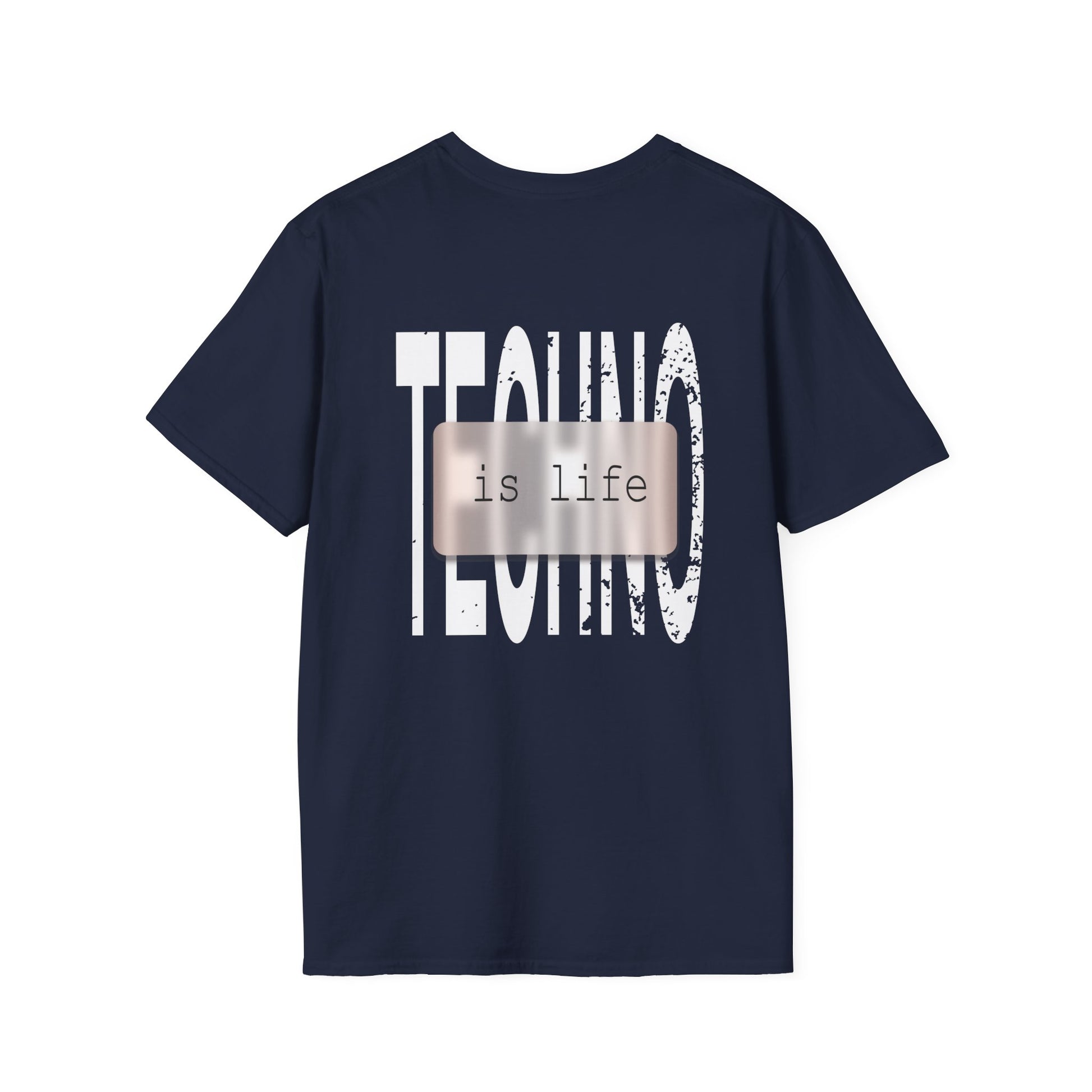 A navy t-shirt featuring bold white typography that reads "TECHNO is life," designed for electronic music fans and rave streetwear enthusiasts.