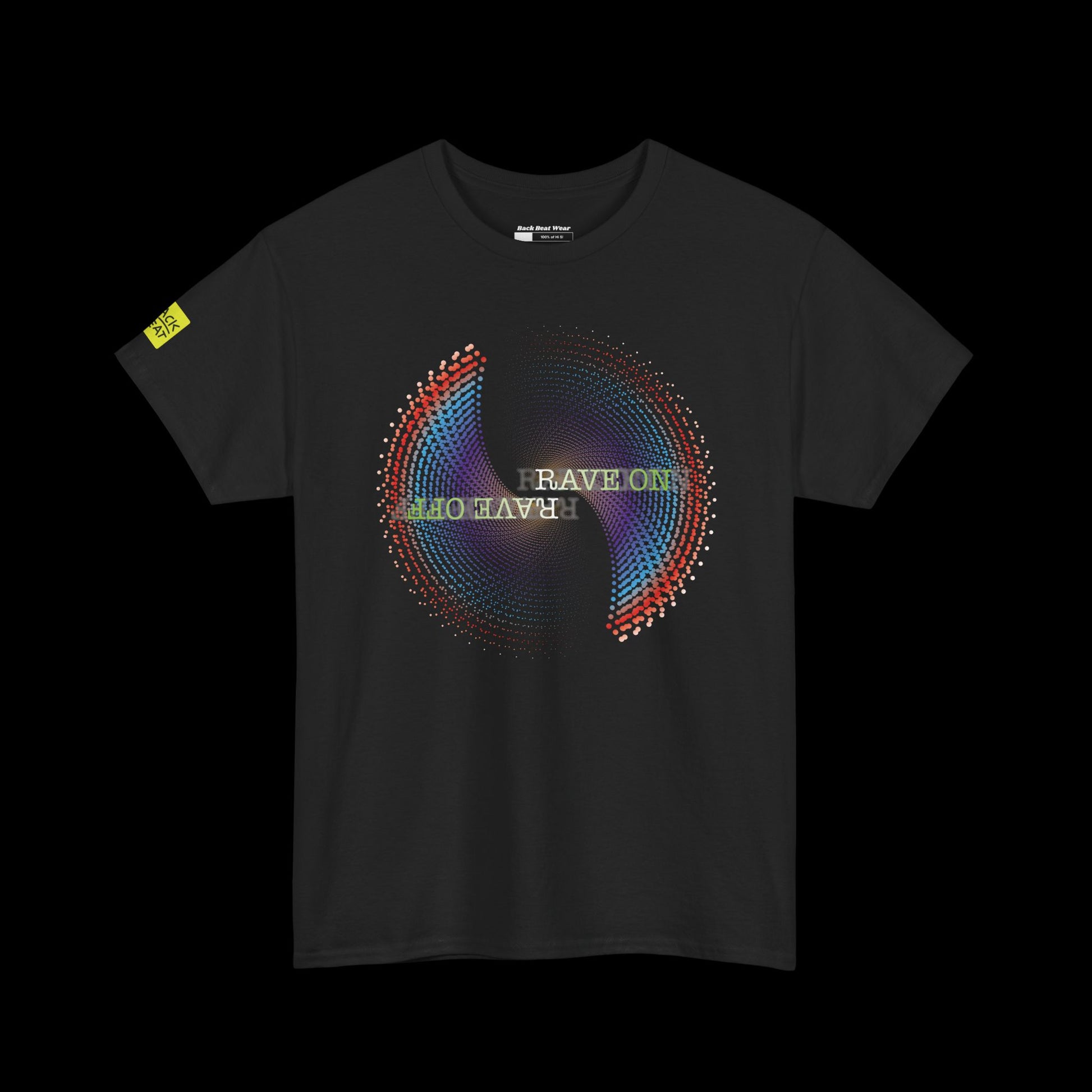 Black t-shirt with colorful graphic design and text on a black background