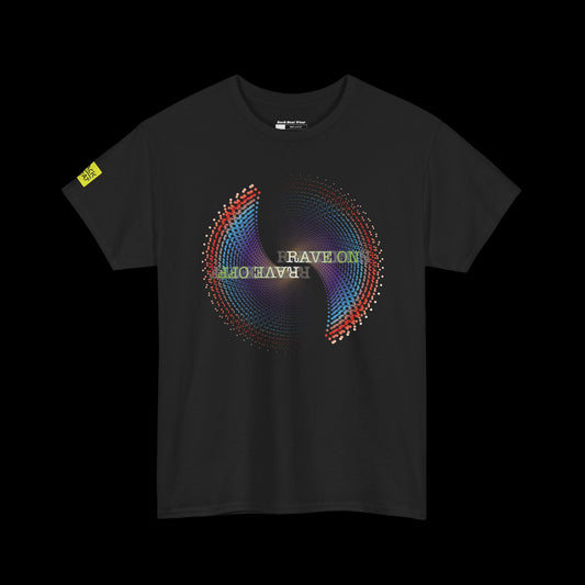 Black t-shirt with colorful graphic design and text on a black background