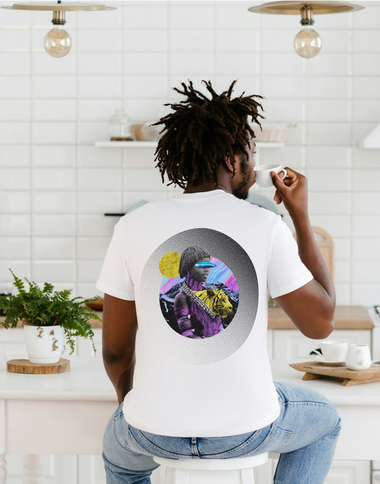 White T-shirt with a collage of an African woman with futuristic glasses and a yellow tiger