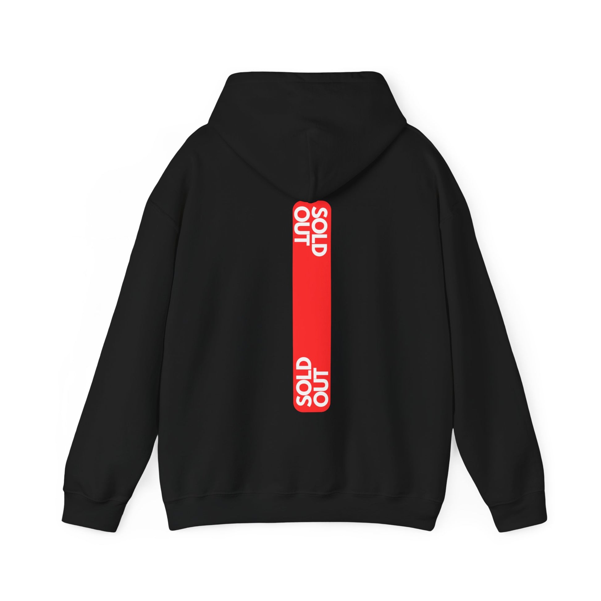 Black hoodie with bold red 'SOLD OUT' graphic on the back. Minimalist streetwear style for urban fashion enthusiasts